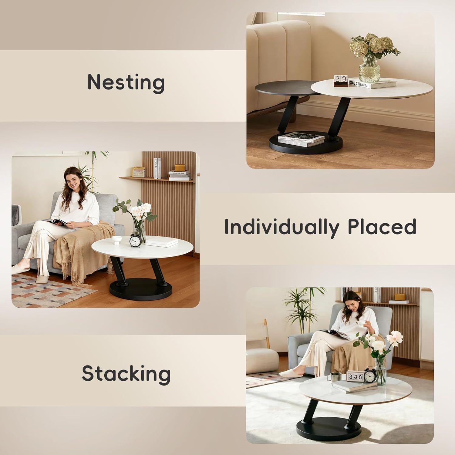 Round Nesting Coffee Table Set of 2, 51" Large Marble Top Coffee Tables with Black Metal Frame, Modern Living Room Center Table Set for Apartment, Bedroom, Balcony, White & Black