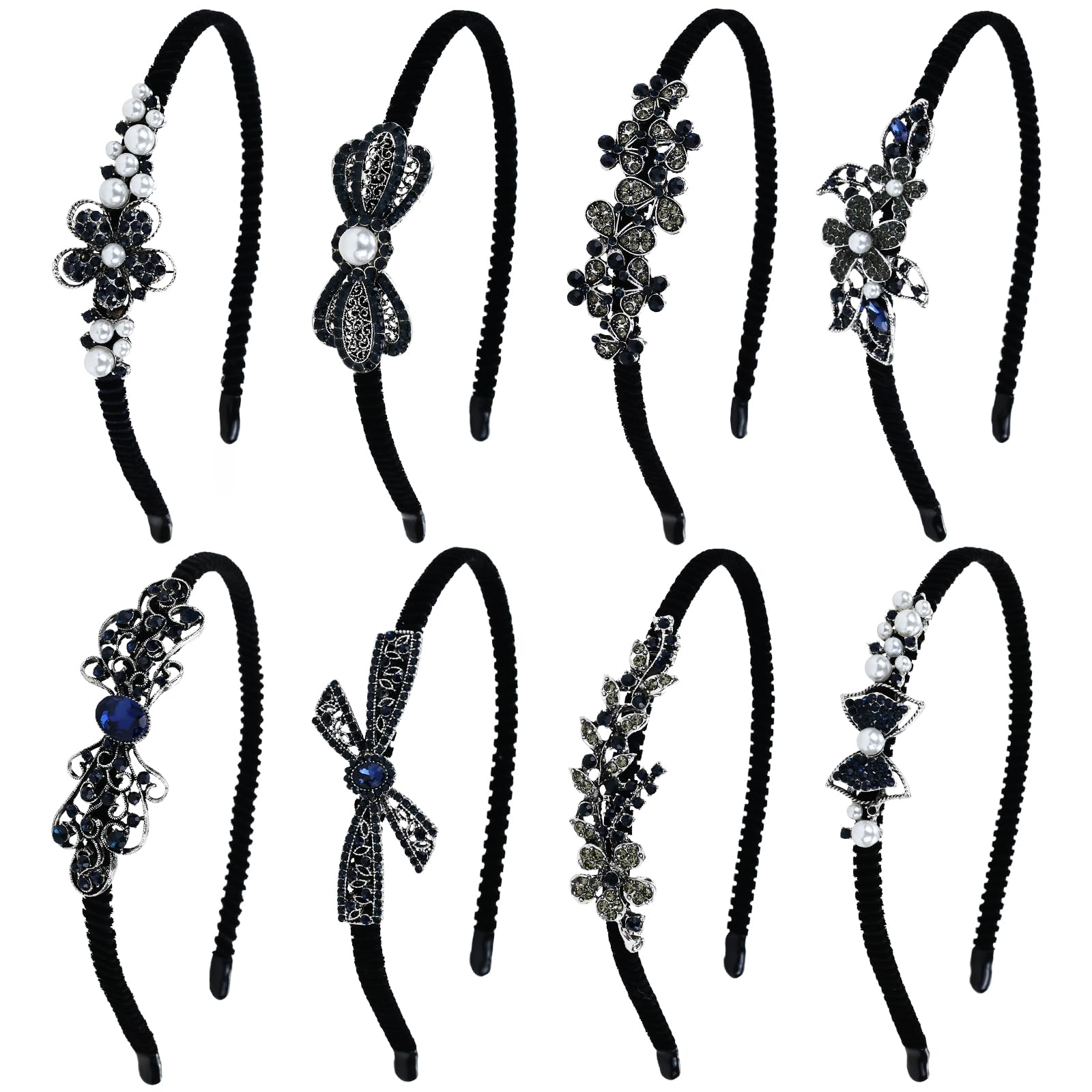Lawie 8 Pack Rhinestone Flower Butterfly Bowknot Crown Rhinestone Jeweled Sparkly Black Metal Headbands Velvet Covered Thin Hair Bands with Teeth Non