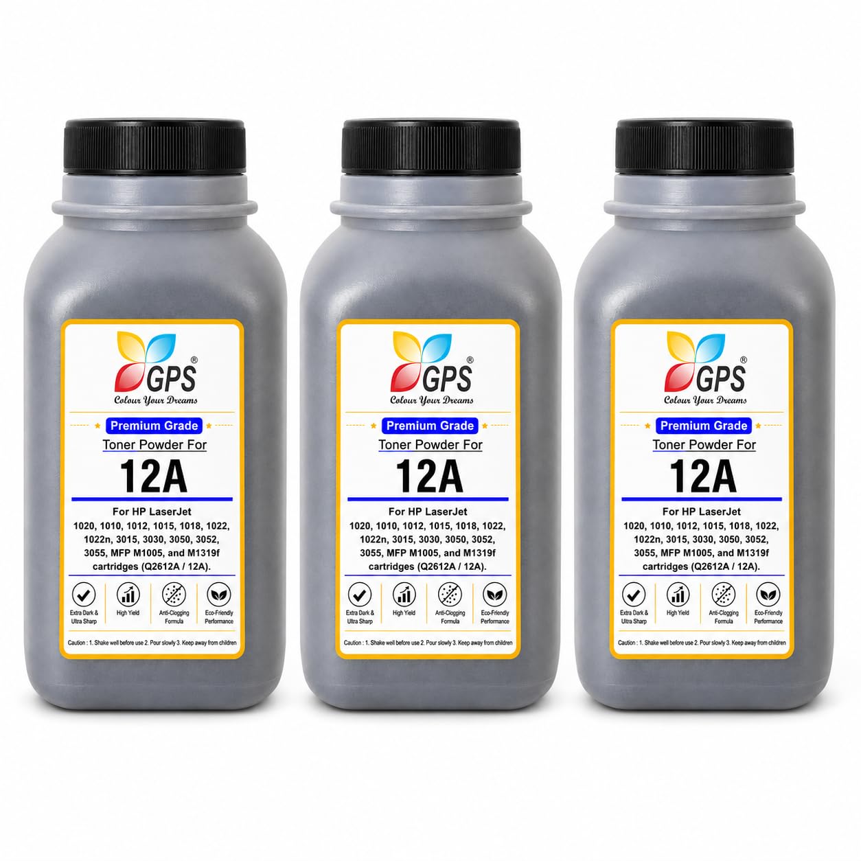 GPS 12A Toner Refill Powder Compatible for HP LaserJet 1020, MFP M1005, 1022, 1018, 1010, M1319f | Q2612A Black | Pack of 3 (100g x 3) | Page Yield: 6,000 Pages Total