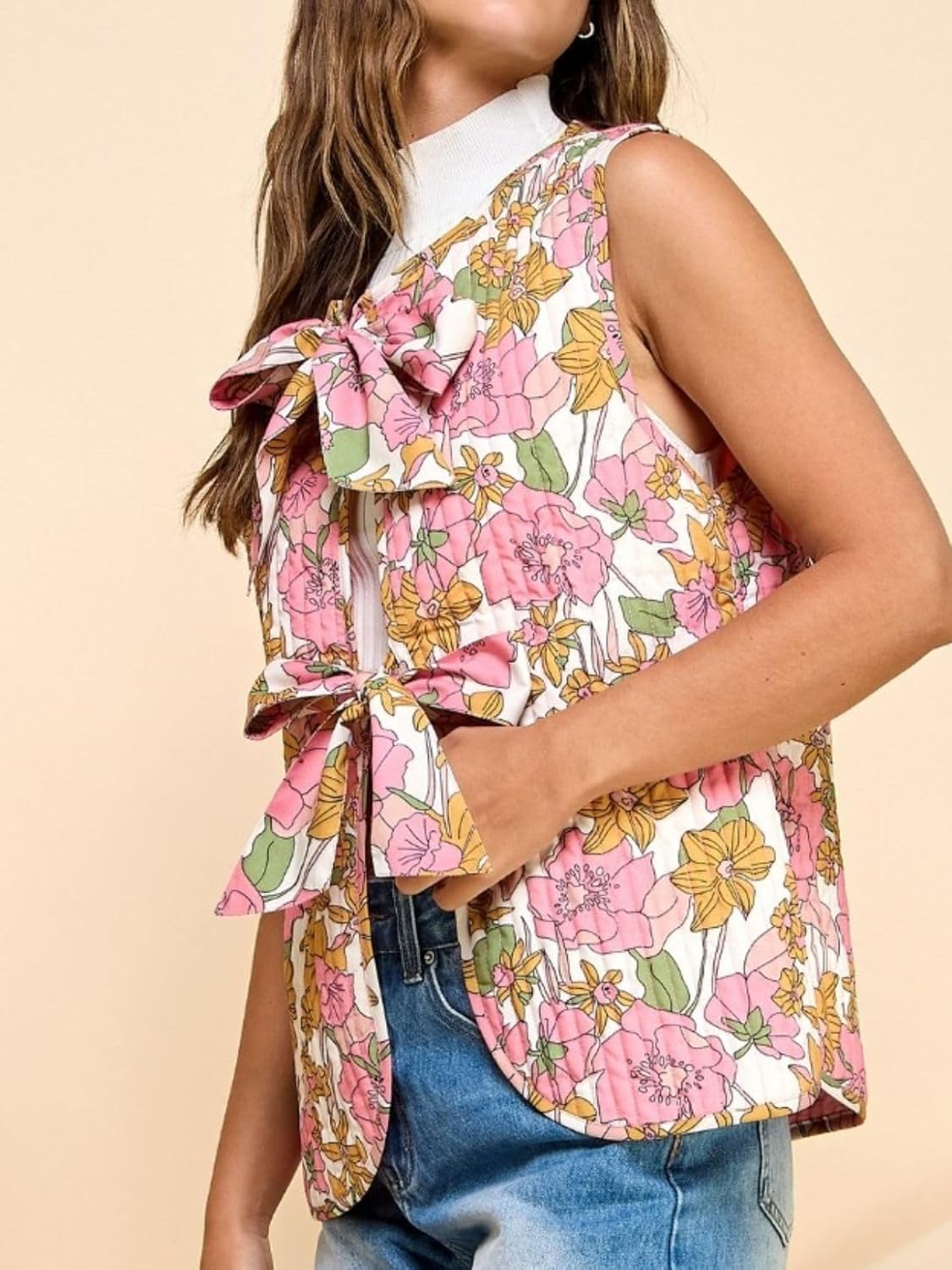 Women Lightweight Floral Printed Vest Sleeveless Padded Gilet Quilted Puffer Coat Bow Tie Open Front Tops - Image 3