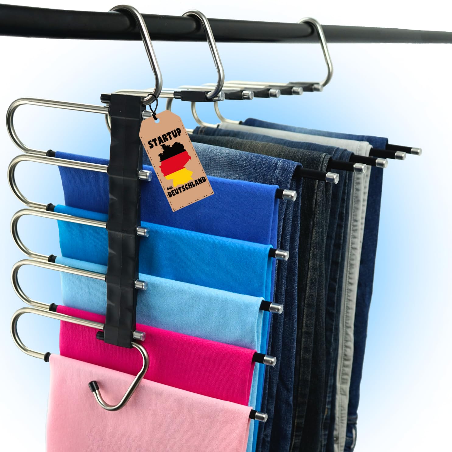 Kleiderbügel platzsparend 2X mehrfach Hosenbügel mit Rutschschutz - 5in1 Hosenaufhängung - Kleiderschrank Organizer (Schwarz)