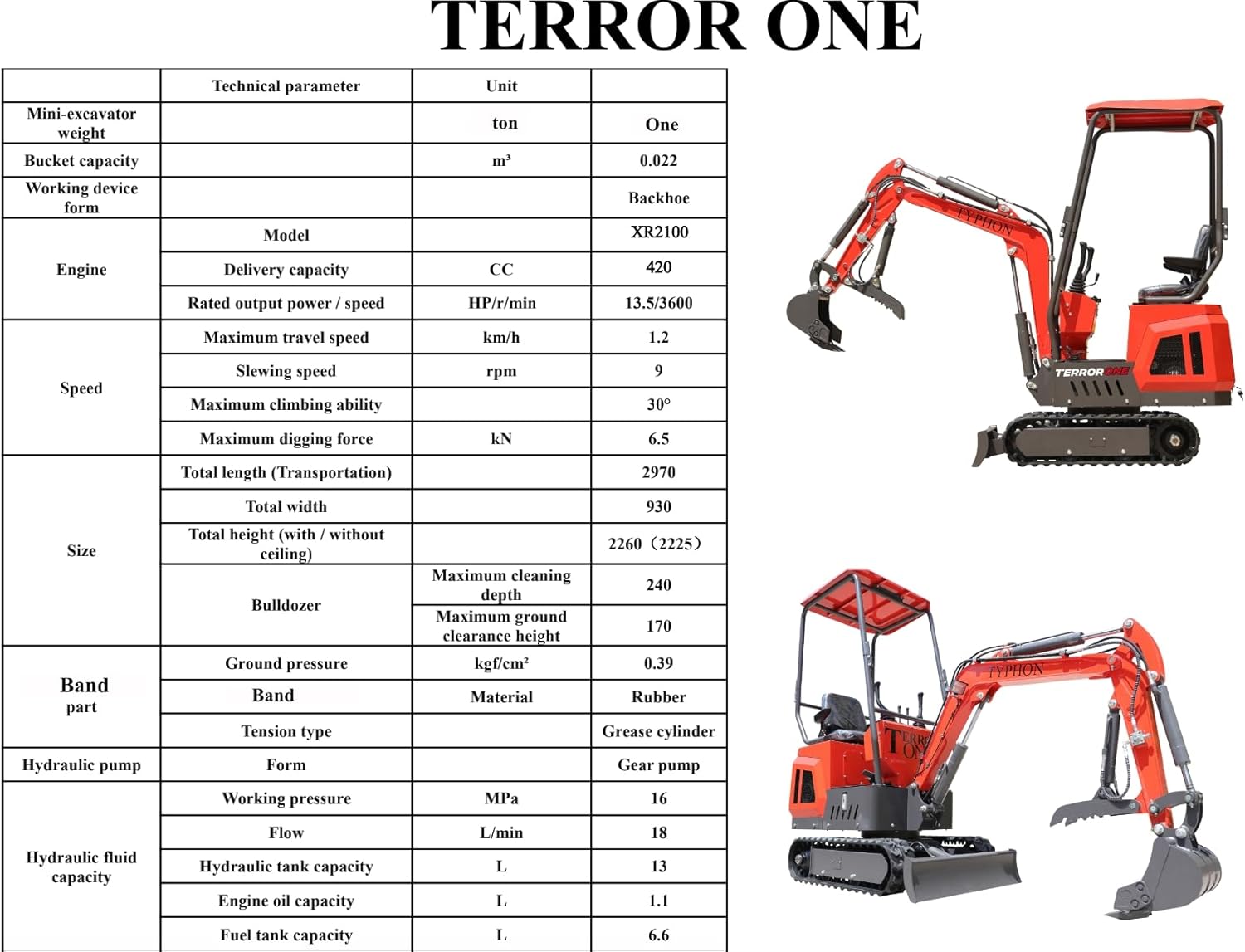 TYPHON Terror ONE Storm Mini Excavator – 1 Ton Trench Digger with Canopy, Hydraulic Thumb Clip, Hydraulic Oil Cooler, 13.5hp EPA Engine USA