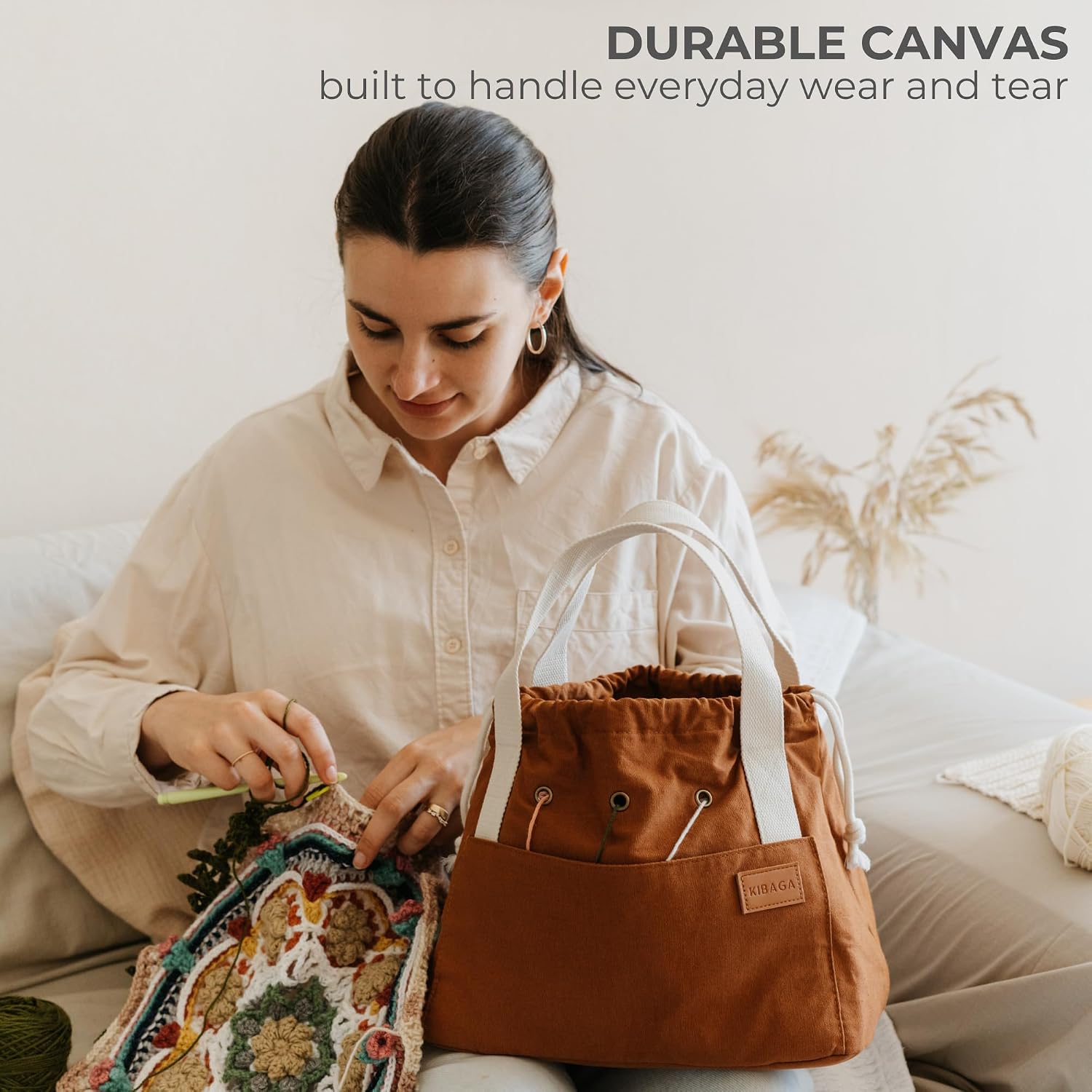 Stylish Crochet Bag Organizer Easily Organizes Your Yarn - Durable Canvas Bag w/ 8 Pockets Stores Plenty of Yarn Skeins and Knitting Supplies/Accessories - Perfect Basket for Gifting to Knitting Fans