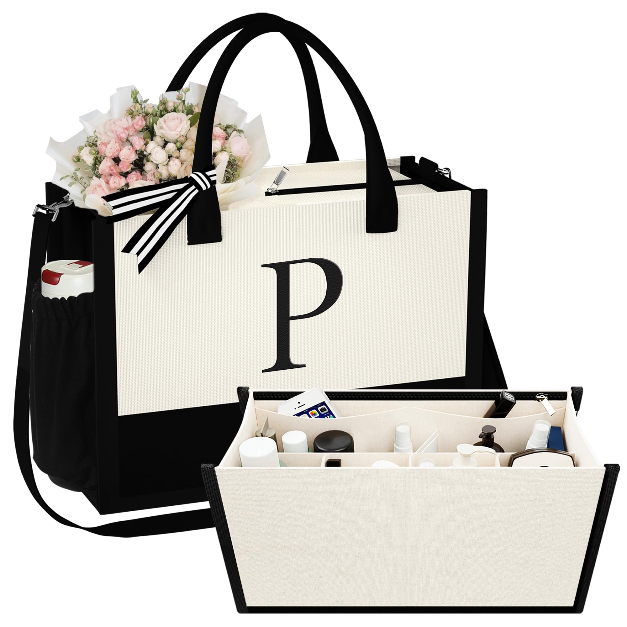 YOOLIFE Initial Cotton Tote Bag with Organizer Insert Beach Tote Bag with Zipper Birthday Gifts for Women Mom, P