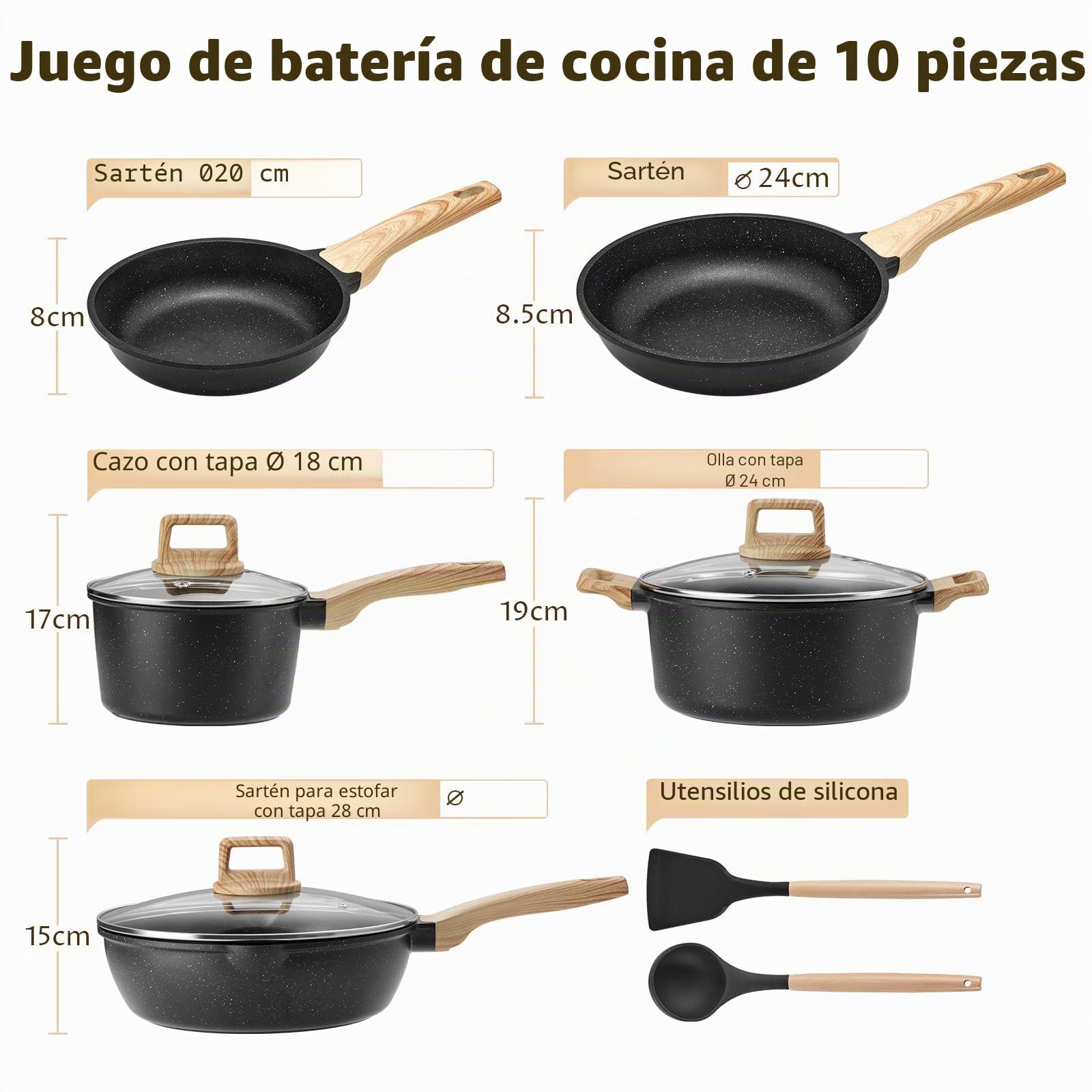 BLAZANT Juego de sartenes de inducción de 10 piezas, juego de ollas y sartenes antiadherentes, juegos de utensilios de cocina con tapas, juego de sartenes de cocina, juego de ollas para todas las