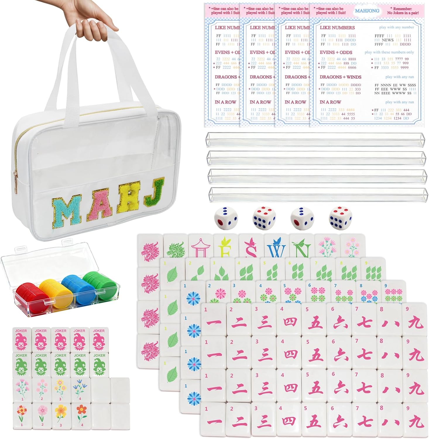 Mini Mahjong Set,American Mahjong Game Set,Complete Mahjong Tile Set with 166 White Tiles (1.2’’),4 Tile rulers,4 dice,1 Bag,100 Chips,5 Instruction Manuals,Mahjong Game Gift for Enthusiasts