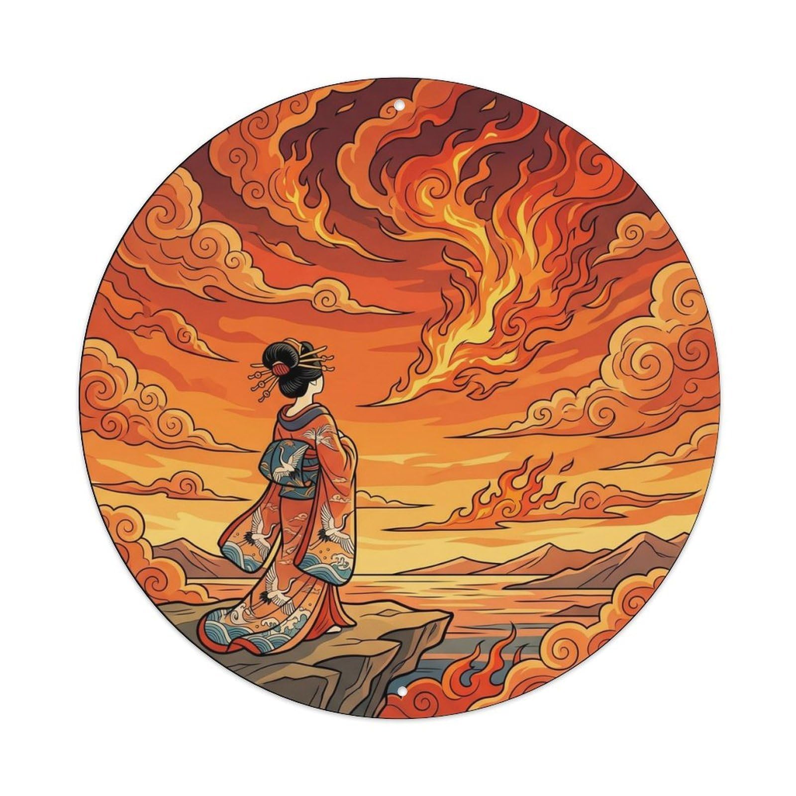 Japanese Geisha Burning Clouds Fiery Sunset Metal Tin Sign
