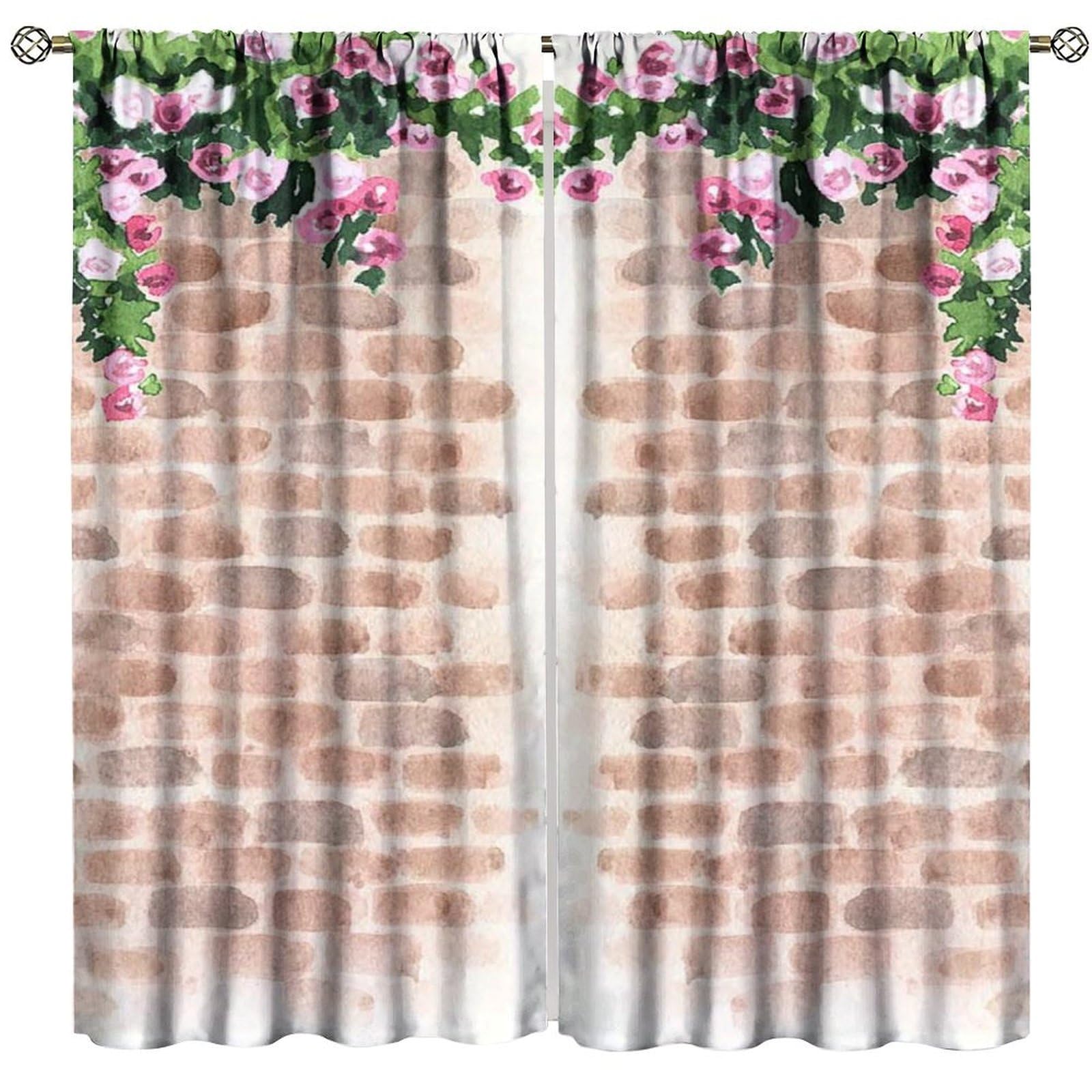 BenYaSong Brick Wall Blackout Window Curtain，Hand Drawn Brick Wall Climbing Rose Watercolor for Home Kitchen Livingroom Coffee Room Window Drapes 2Panel 84" W X 84" L