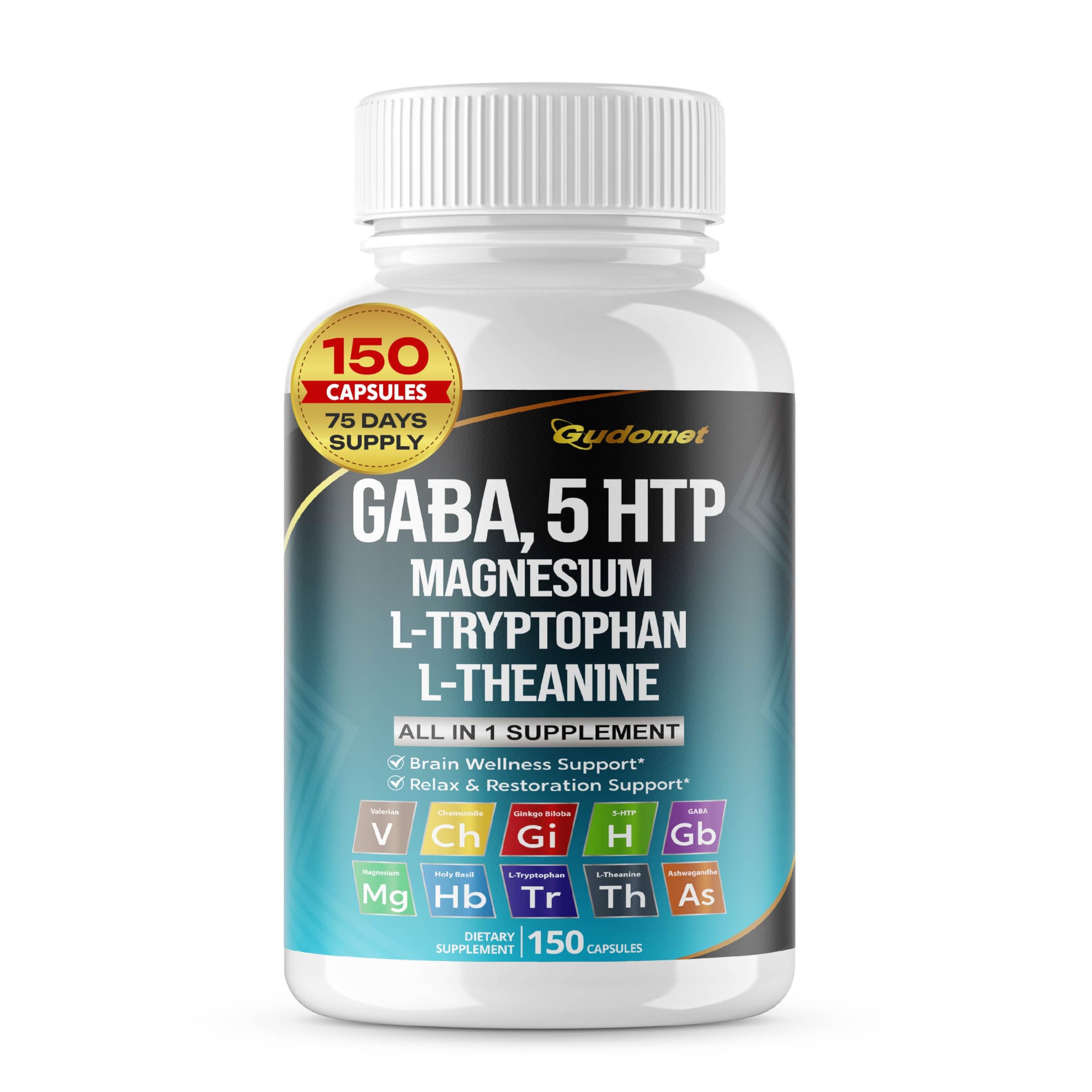 GABA 5-HTP L-Tryptophan L-Theanine Vitamin D3 Vitamin B6 Holy Basil Valerian Chamomile Ginkgo Biloba Ginger -150 Capsules
