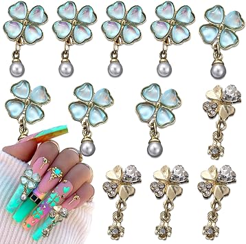 12Pcs St.Patricks Day Nail Charms 3D Lucky Clover Nail Rhinestones Alloy Gold Shamrock Nail Art Charms Blue Green Shamrock Nail Gems with Pearl Pendant Design St.Patricks Day Nail Jewelry for Women