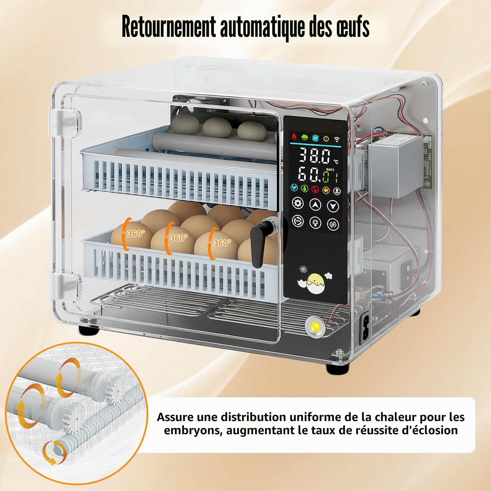 Couveuse entièrement automatique, 20-24 œufs Couveuse, avec rotation automatique des œufs et surveillance de l'humidité, 5 modes d'incubation Convient pour les œufs de poule, canard, oie, caille