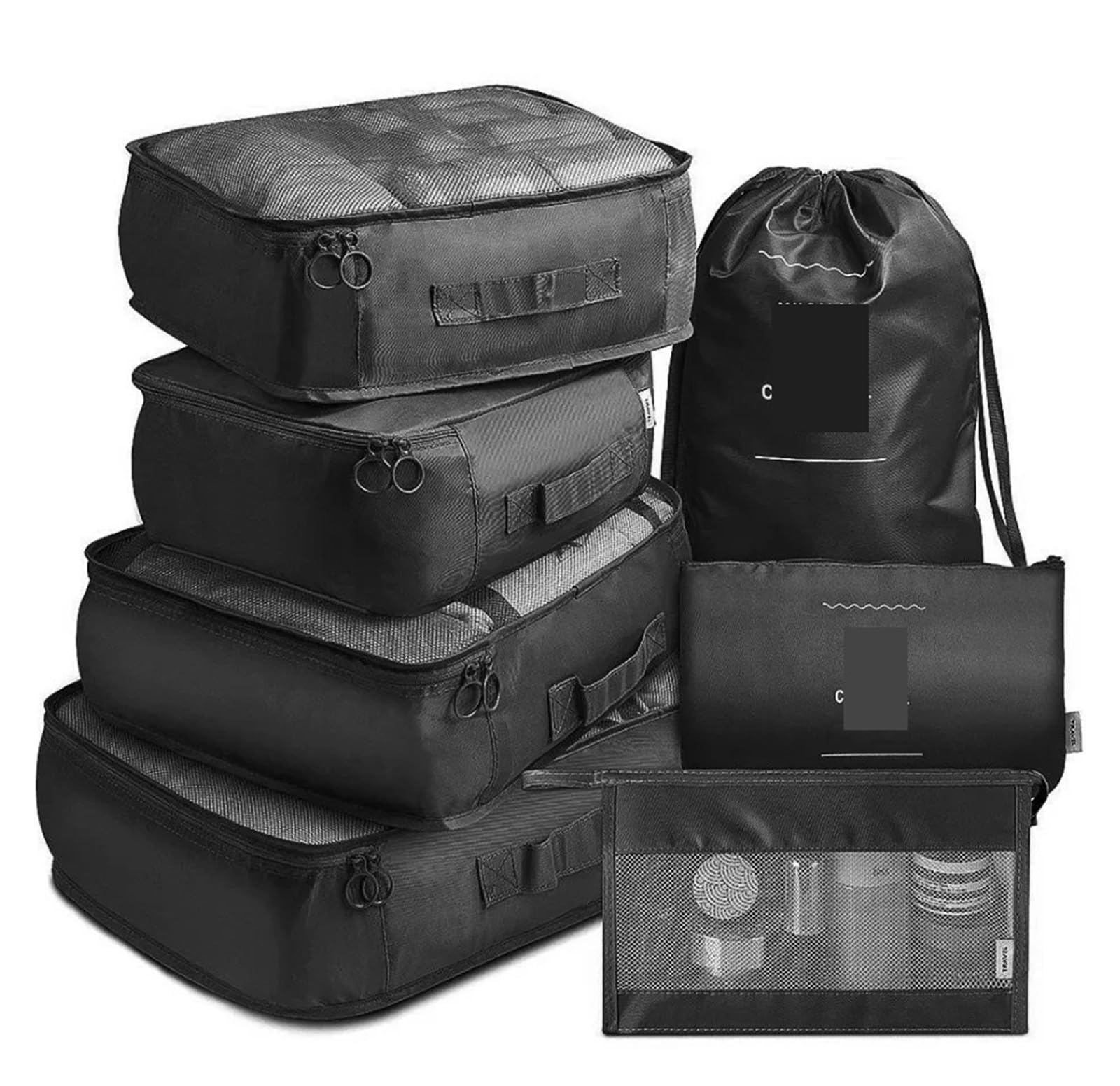 7-teiliges zusammenklappbares Reise-Organizer-Aufbewahrungsbeutel-Garderoben-Würfel-Koffer-Verpackungs-Set for Gepäck, Kleidung, Schuhkarton(7 pcs Black)
