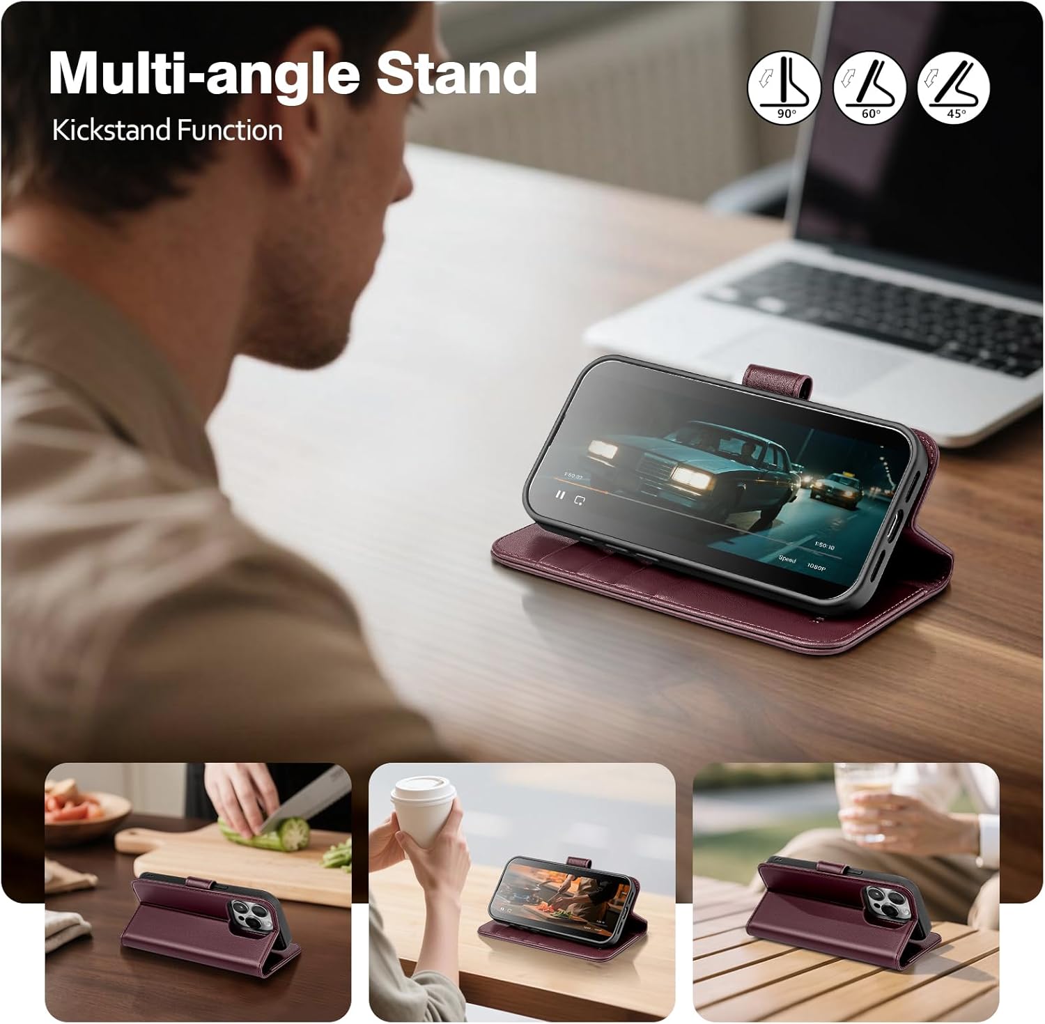 Magnetic 2 in 1 Detachable Compatible with Magsafe iPhone 15 Pro Max Genuine Wallet Case with Card Holder,Women Men Leather Flip RFID Blocking Credit Card Slots Stand Phone Cover,Wine Red