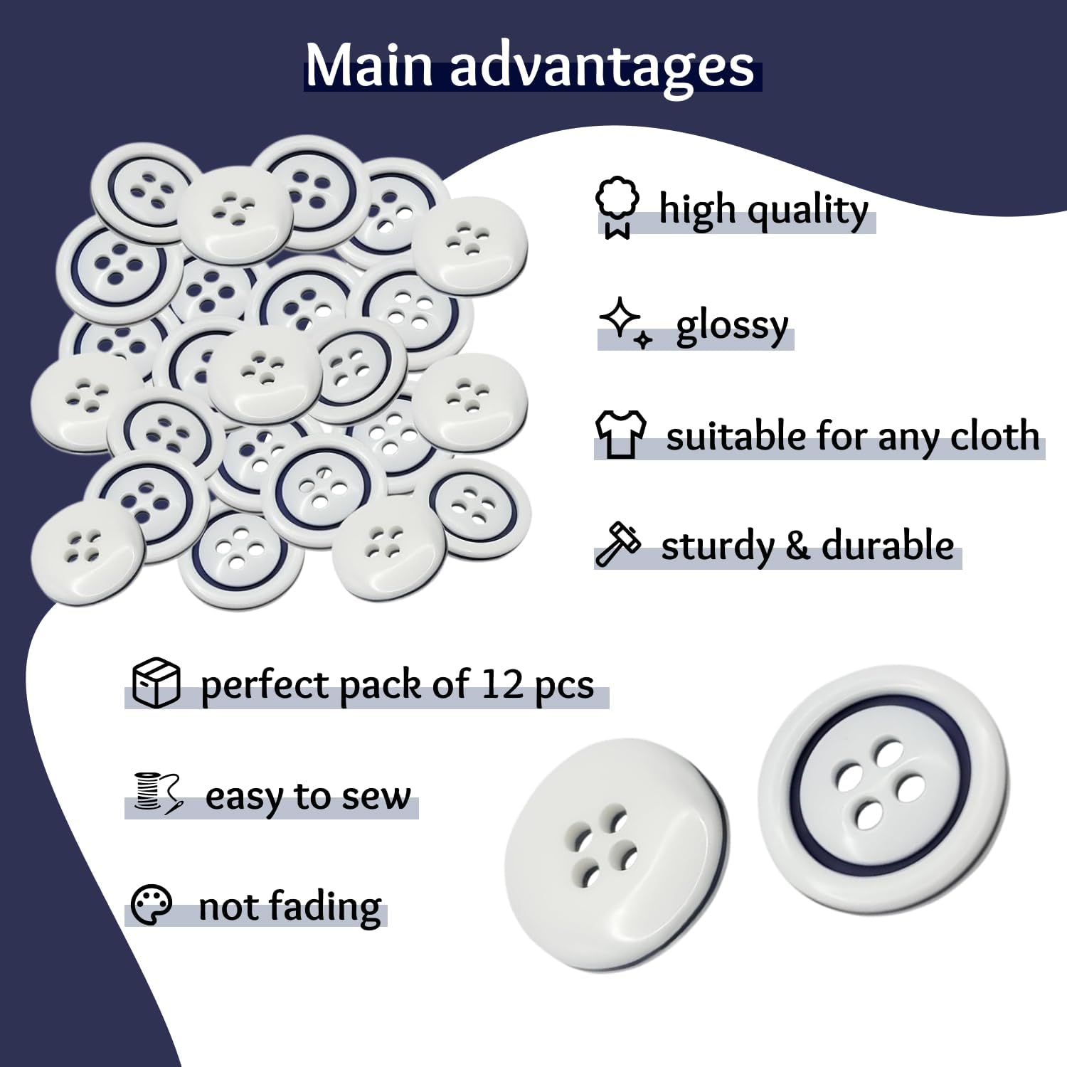 24 Pcs White Buttons for Sewing 0.6 inch with Navy Round Buttons for Dress 4 Hole 24L Round Plastic Sew on Heavy Duty Bulk Ideal for Shirt Skirt Pants Dress Uniform Craft DIY Project Decor - Image 3