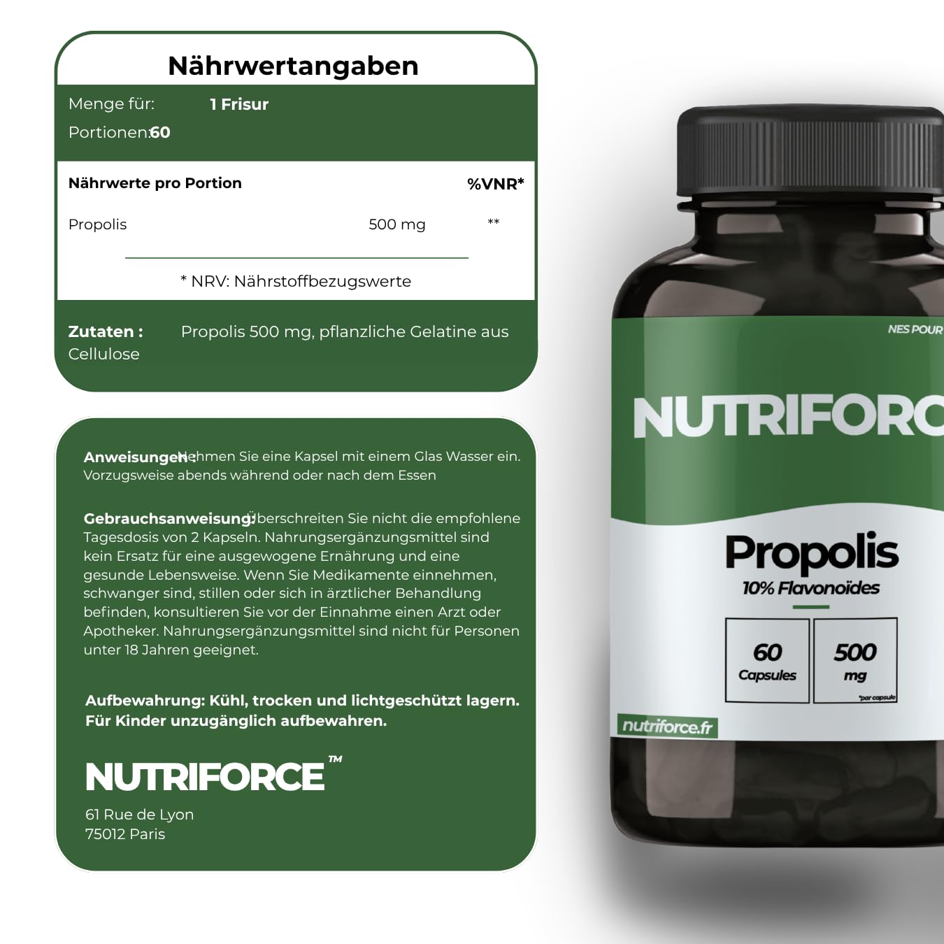 Propolis Pur 500mg – Haut, Halsschmerzen, Magengesundheit & Kopfhaut – Natürliches Antibiotikum der Bienen – 100% Vegan – 60 Kapseln (1-2 Monate) – Frankreich