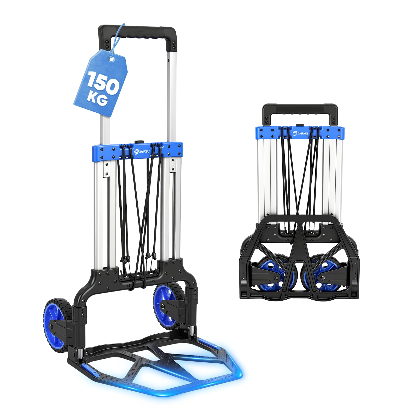 Sekey Carretilla Plegable y Resistente de Transporte, 150 kg, Marco de Aluminio Reforzado, Almohadilla Antideslizante XXL y Plegable en Segundos, Altura Ajustable con Ruedas TPR, Incluye 2 Cuerdas