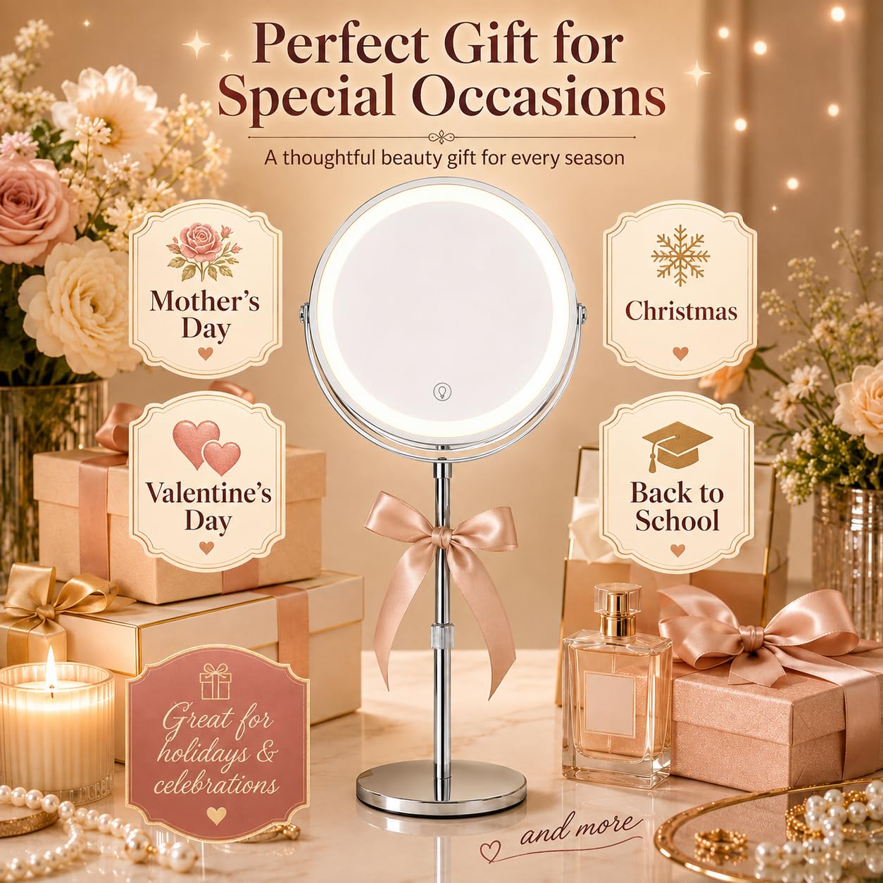 Espejo de Maquillaje Iluminado Ajustable de 9 Pulgadas de Altura con Aumento de 10 aumentos, Espejo de tocador Recargable de 360° de Doble Cara con 3 Modos de Color, Brillo táctil Regulable para baño