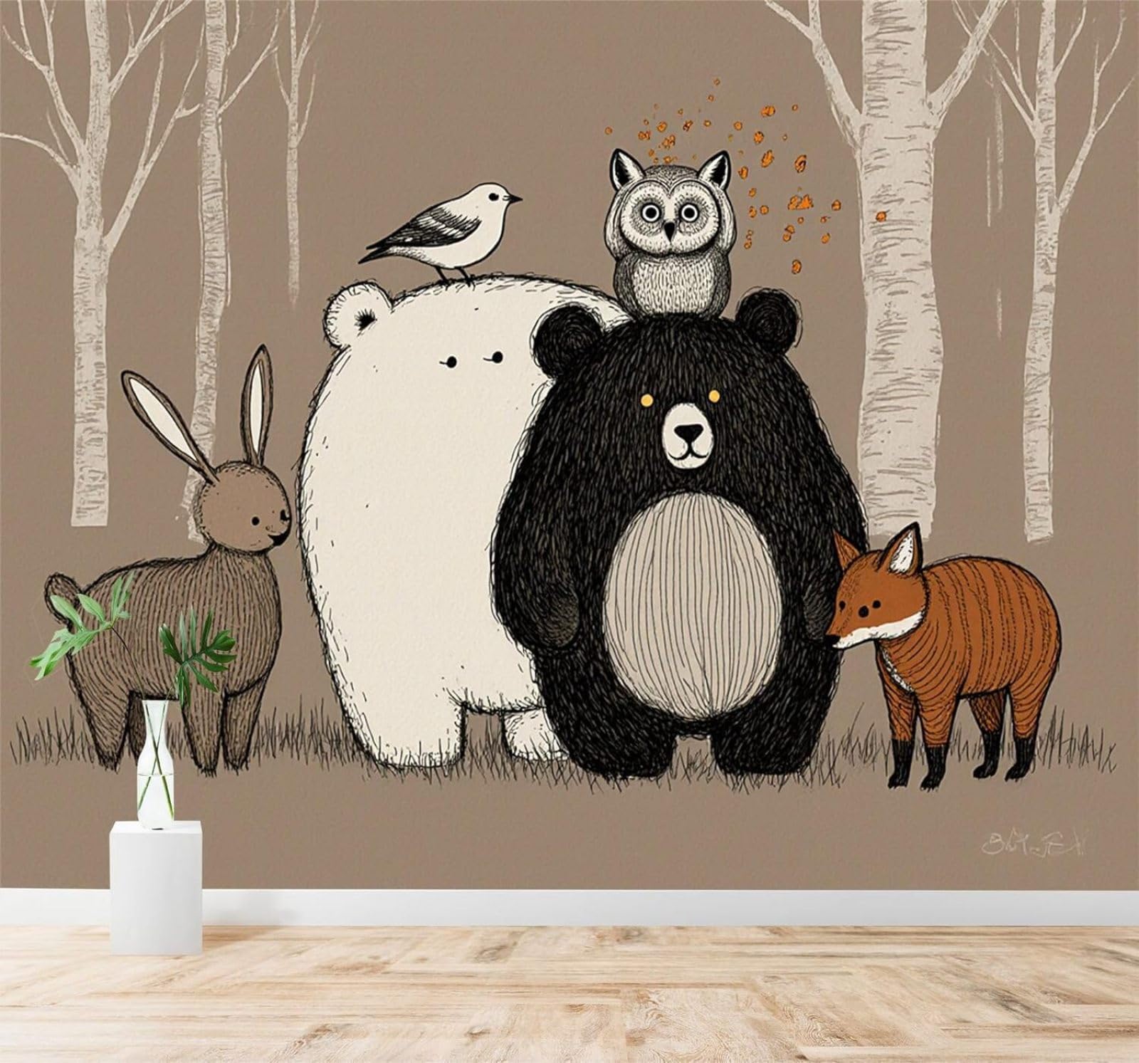 XLMING Cute Forest Animals Bears Foxes Rabbits Owls Bird Illustrations 3D Wallpaper Silky Texture Home Study Office Grey Dining Room Sofa Bedroom Living Room TV Backdrop-430cm×300cm