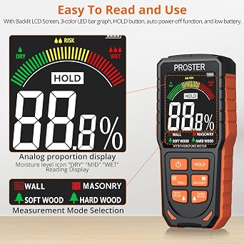 Proster Moisture Meter - Pinless and Non Destructive Wood Moisture Meter for Softwoods Hardwoods Walls Digital Moisture Tester for Drywall Wood Masonry