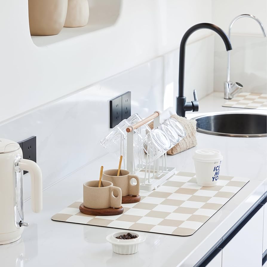 Checkered Dish Drying Mat for Kitchen Counter, Coffee Bar Station Accessories, Retro Cute Aesthetic Modern Absorbent Drainer Mat Kitchen Drying Mat Easy Clean, Beige 16" x 24"