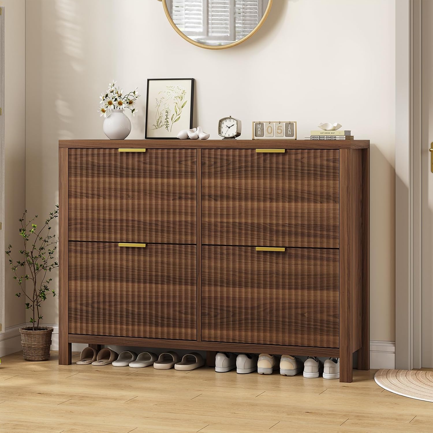 YOMILUVE Shoe Cabinet Storage for Entryway, Fluted Shoe Cabinet with 4 Flip Drawers, Hidden Shoe Rack Freestanding Wooden Shoe Organizer with Legs for Hallway, Walnut