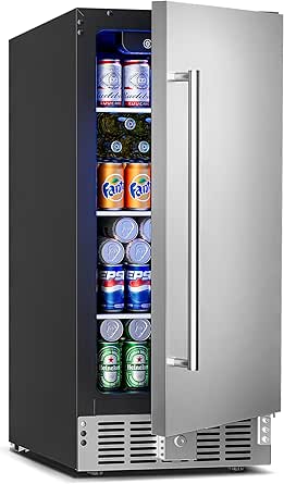 Feelfunn 15-Inch Undercounter Beverage Refrigerator with Stainless Steel Door - Holds Up to 126 Cans, Built-in or Freestanding