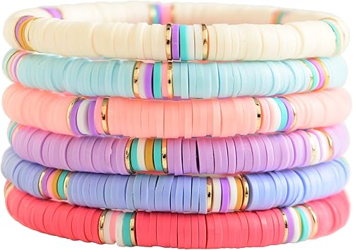 LALAPPLE Preppy Heishi - Pulseras elásticas apilables de arcilla arcoíris para mujer, pulseras apilables para mujer, pulseras coloridas bohemias,