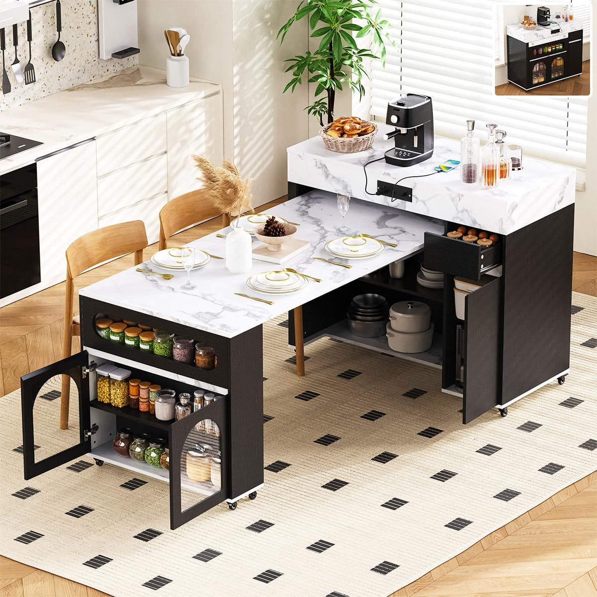 Mobile Extendable Dining Table with Extra-Long Folding Top and Power Outlets for 2-4 People, Rolling Kitchen Island with Drawers and Storage Cabinet, Island Cart with Hooks for Dining Room (Black)