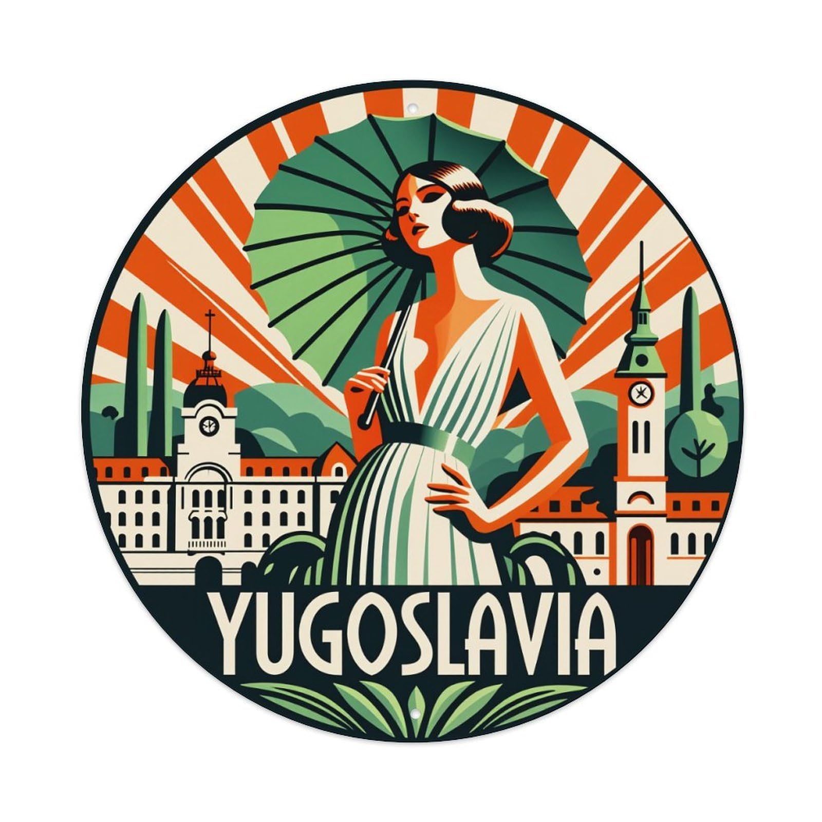 Lvalogy Style Art Deco Woman Umbrella Landscape Metal Tin Sign Plaque