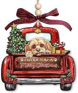 Cavapoo Wooden Christmas Ornament - Red Truck Holiday Decor with Christmas Tree Presents and I Woof You A Merry Christmas ...