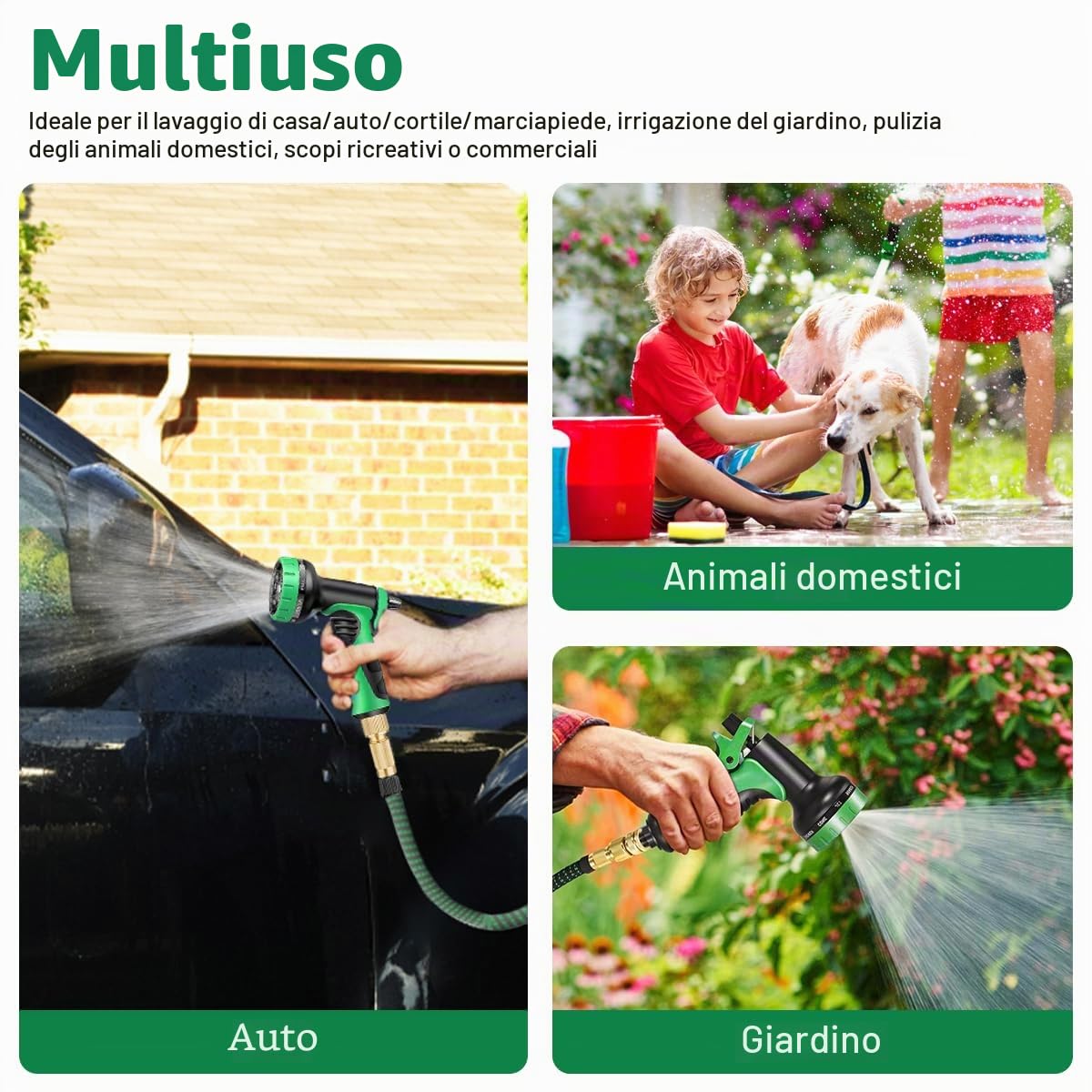 Tubo da giardino flessibile 30 m/100 FT verde, tubo flessibile 10 funzioni | 3 estensibili, con ugello spray e connettori in ottone da 3/4" e 1/2", senza pieghe, per giardino, pavimento, terrazza