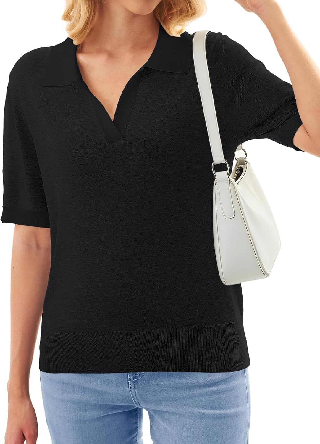 Women's Wool Blend V Neck Polo Sweater Lightweight Short Sleeve Knit Top for Casual and Office Wear - Image 5