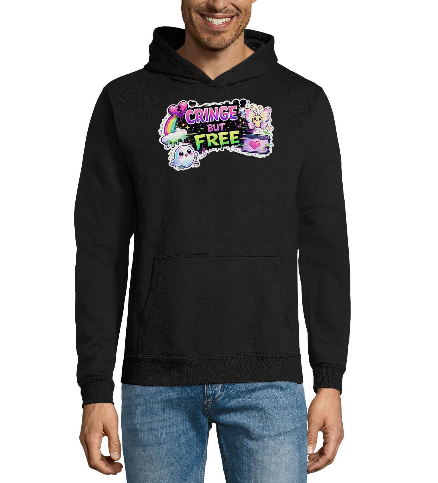 Felpa con cappuccio unisex in misto cotone con cappuccio e design colorato e giocoso nero