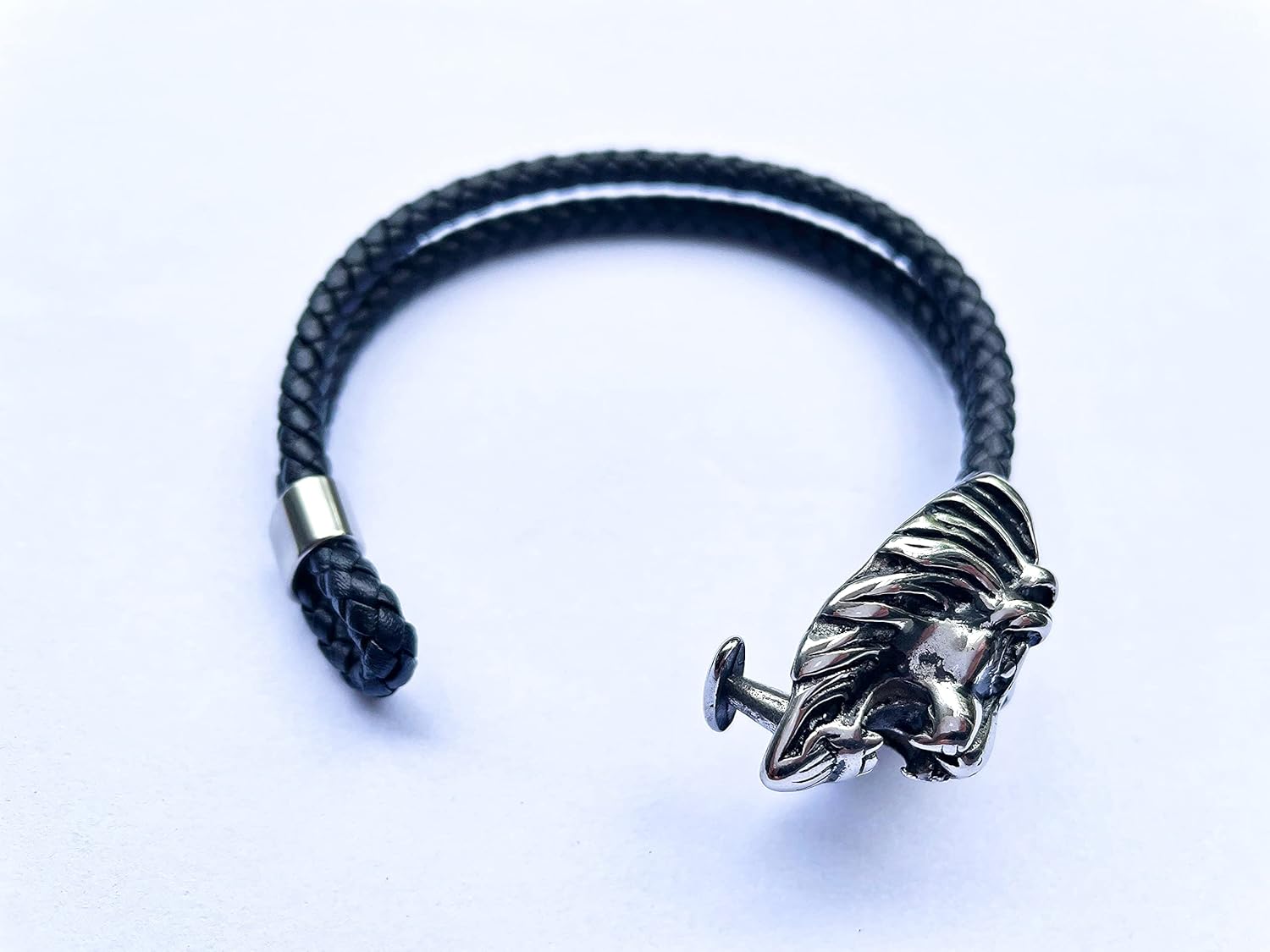 Mens Black braided leather Bangle Bracelet, Vintage Stainless Steel Roaring Lion Head, Two-row - Image 4