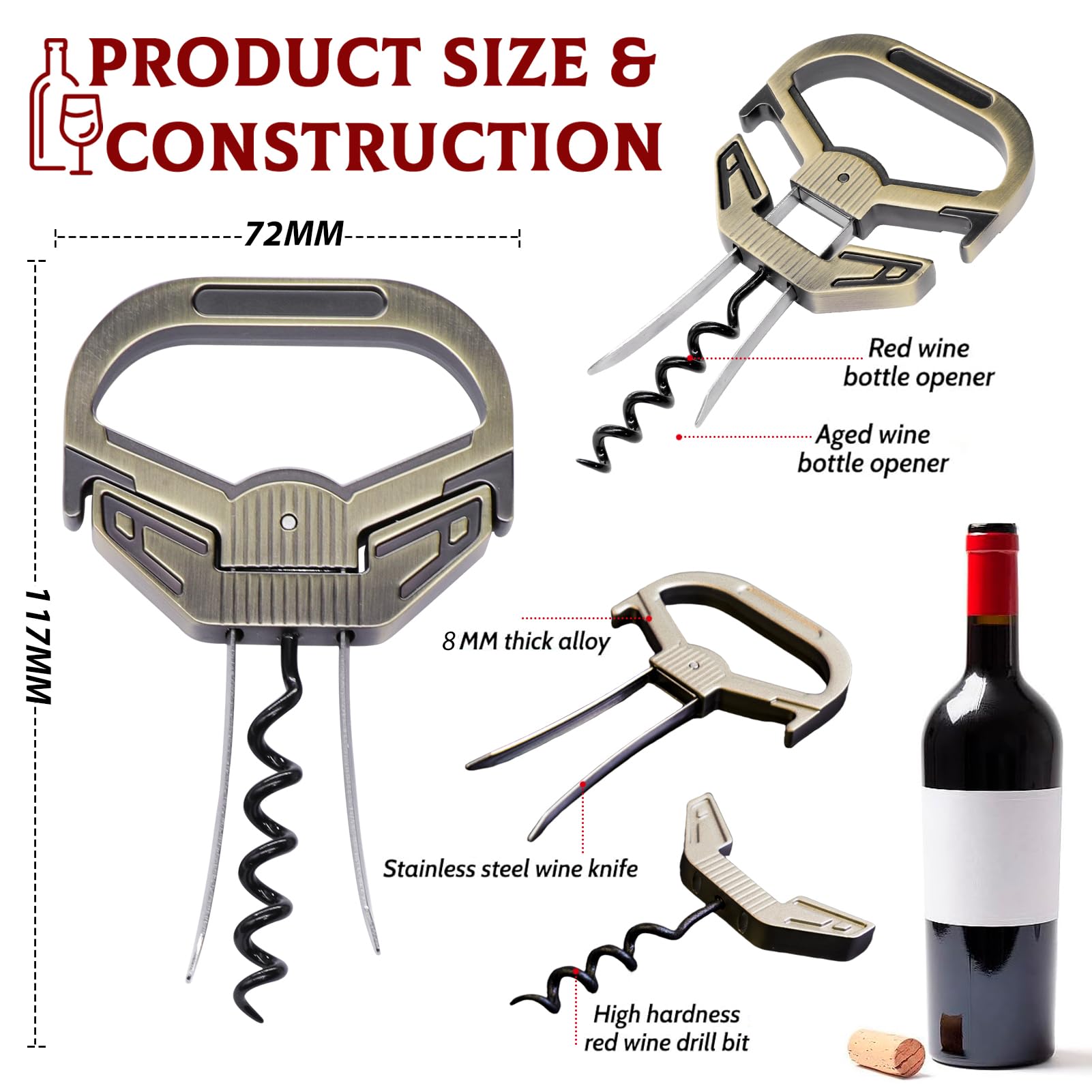 Ah So Abridor de Botellas de Vino, Sacacorchos para Vinos Antiguos con Funda de Piel Portátil, Extractor de Corcho de Dos Puntas, Regalo Ideal para Amantes & Conocedores de Vinos (Bronce2)