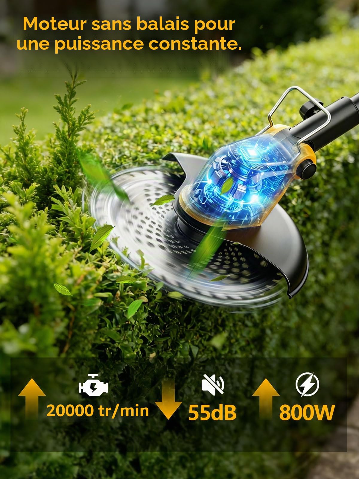 Débroussailleuses Electrique sans FI 21V,Coupe Bordures sans Fil avec 2 * 3.0Ah Batterie et Chargeur,Moteur Brushless 800W,30CM Débroussailleuse à Batterie avec Roue&4 Types Lames pour Jardin Élagage