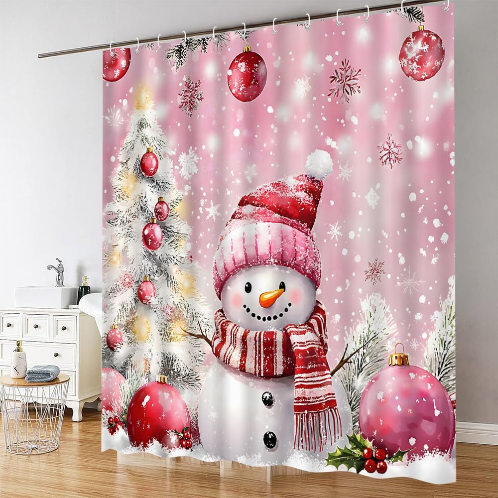 Winter Snowman Shower Curtain Pink Christmas Balls Xmas Tree Snowflake Pine Trees Snow Scene Cute Rustic Snowmen New Year Holiday Bathroom Decor Curtains Set with Hooks