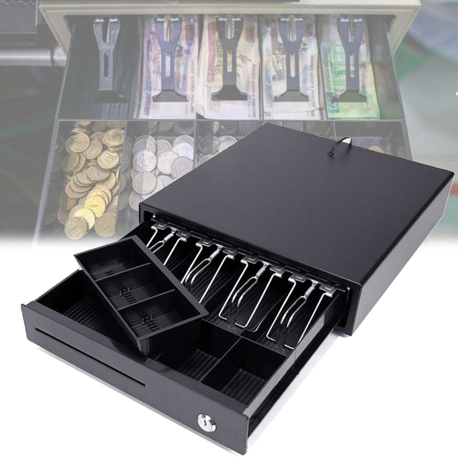 Cassetto per banconote in metallo con 4 scomparti per monete e 5 scomparti per banconote, in acciaio resistente per vendita al dettaglio e ristoranti, funzionalità manuale o automatica