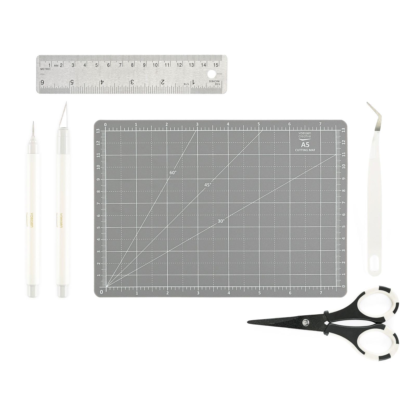Vaessen Creative Tool Set-6 pcs-Hobby Supplies-incl. A5 Cutting Mat, Craft Knife, Precision Scissors, Tweezers and Ruler-for Card, Scrapbooking, Sewing and Model Making, Various