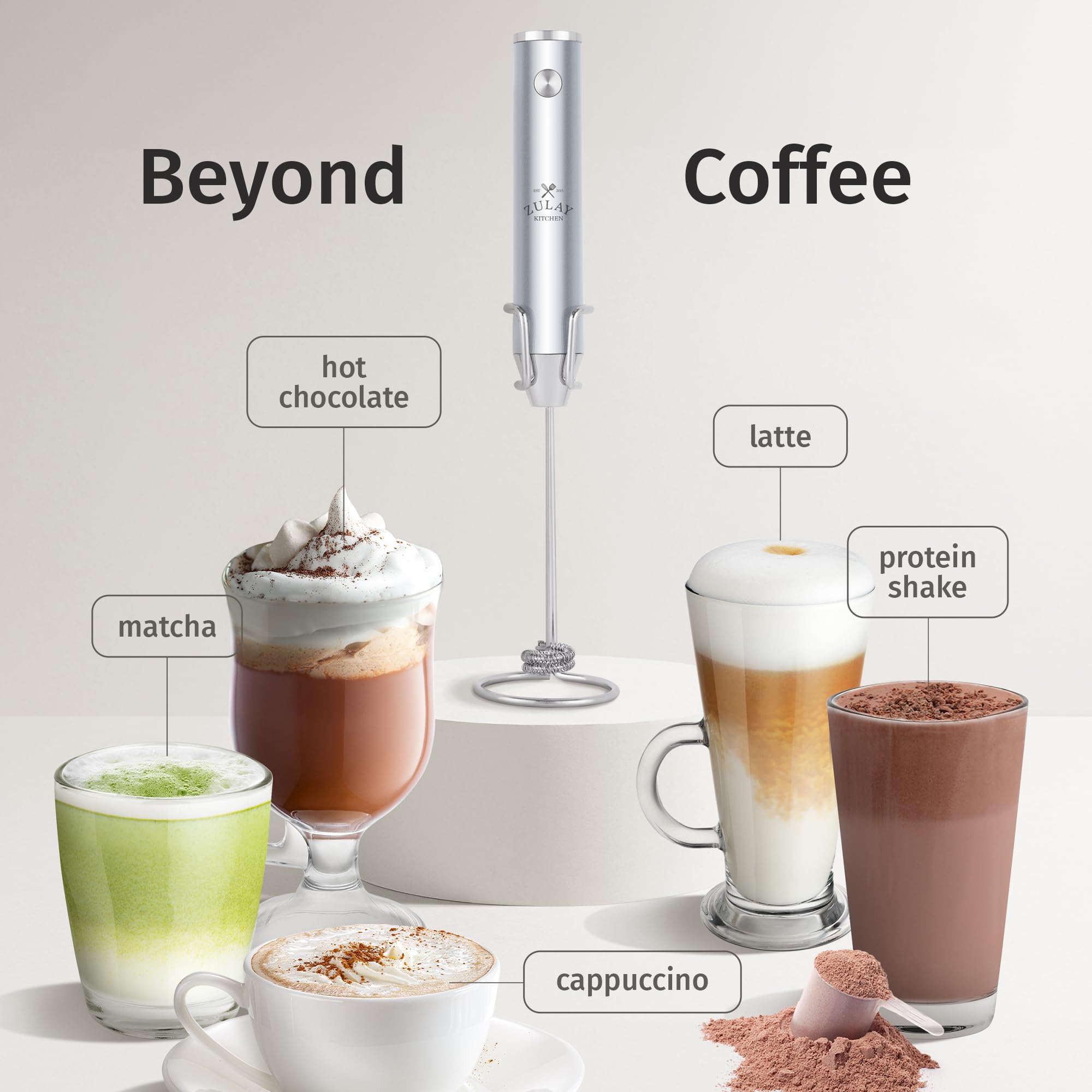 Zulay Kitchen Espumador de leche recargable de mano, varita espumadora, mezclador de bebidas, espumador eléctrico, para capuchinos, matcha y proteína en polvo, batidor doble Lux de 2 velocidades