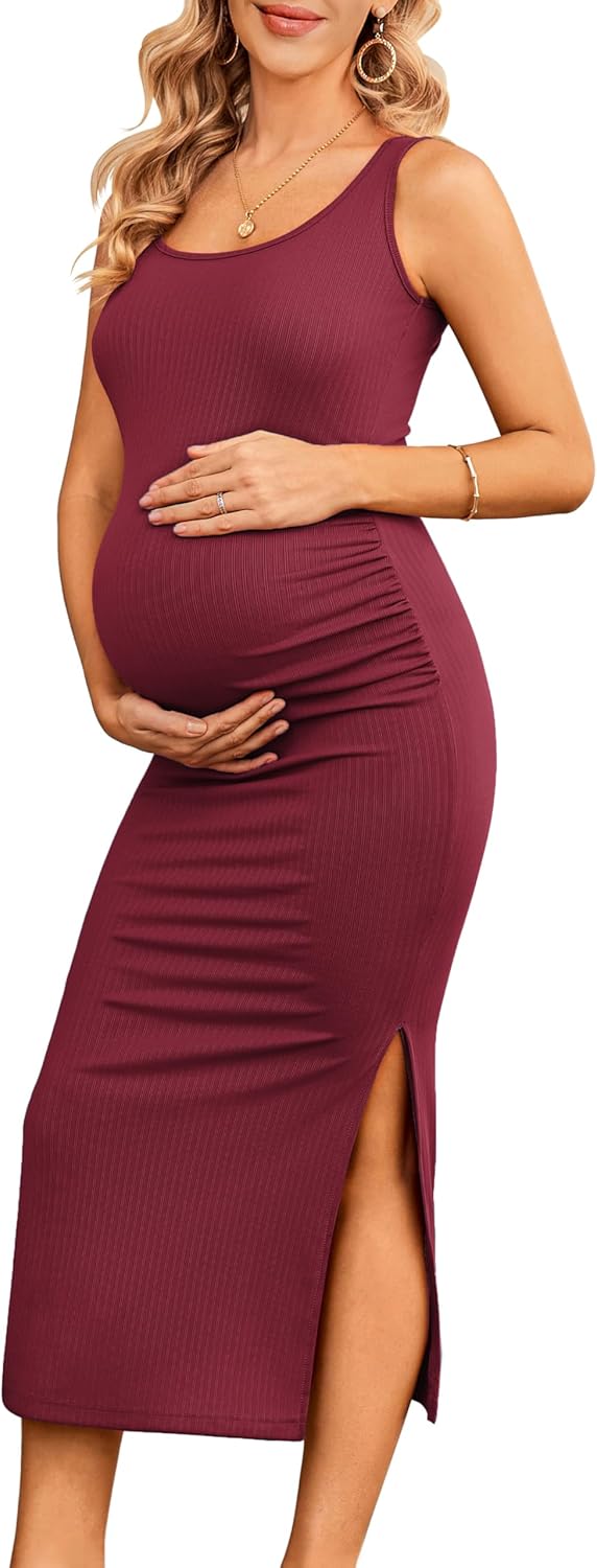 Ekouaer Women Tank Maternity Dress Sleeveless Ribbed Knit Pregnancy Dresses Round Neck Pregnant Loungewear