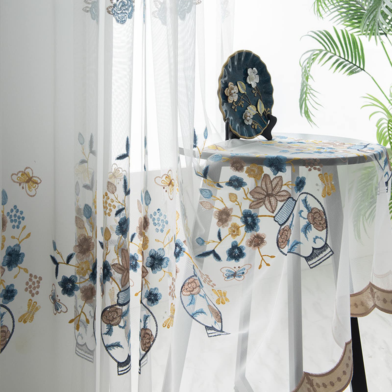 2 Piezas Cortinas Salon Modernas Visillos Poliéster Visillo semitraslúcido con Ollaos para Casa Decoracion Dormitorio, Salón o Habitación - 229 x 274cm(An x Al) florero Azul