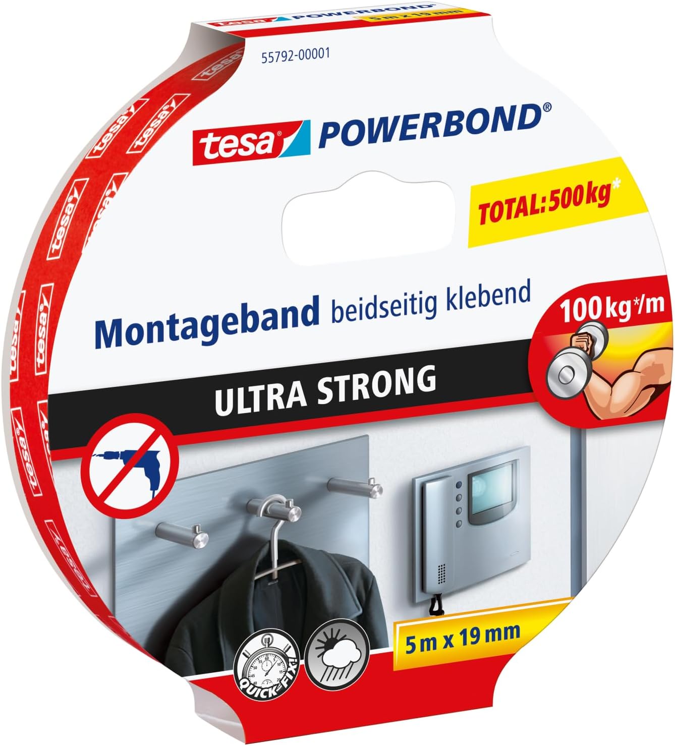 tesa Powerbond Ultra Strong Ruban Adhésif de Montage Double Face Extra Fort – Adhésif Puissant pour la Fixation D'Objets Sans Percer – 5 m x 19 mm