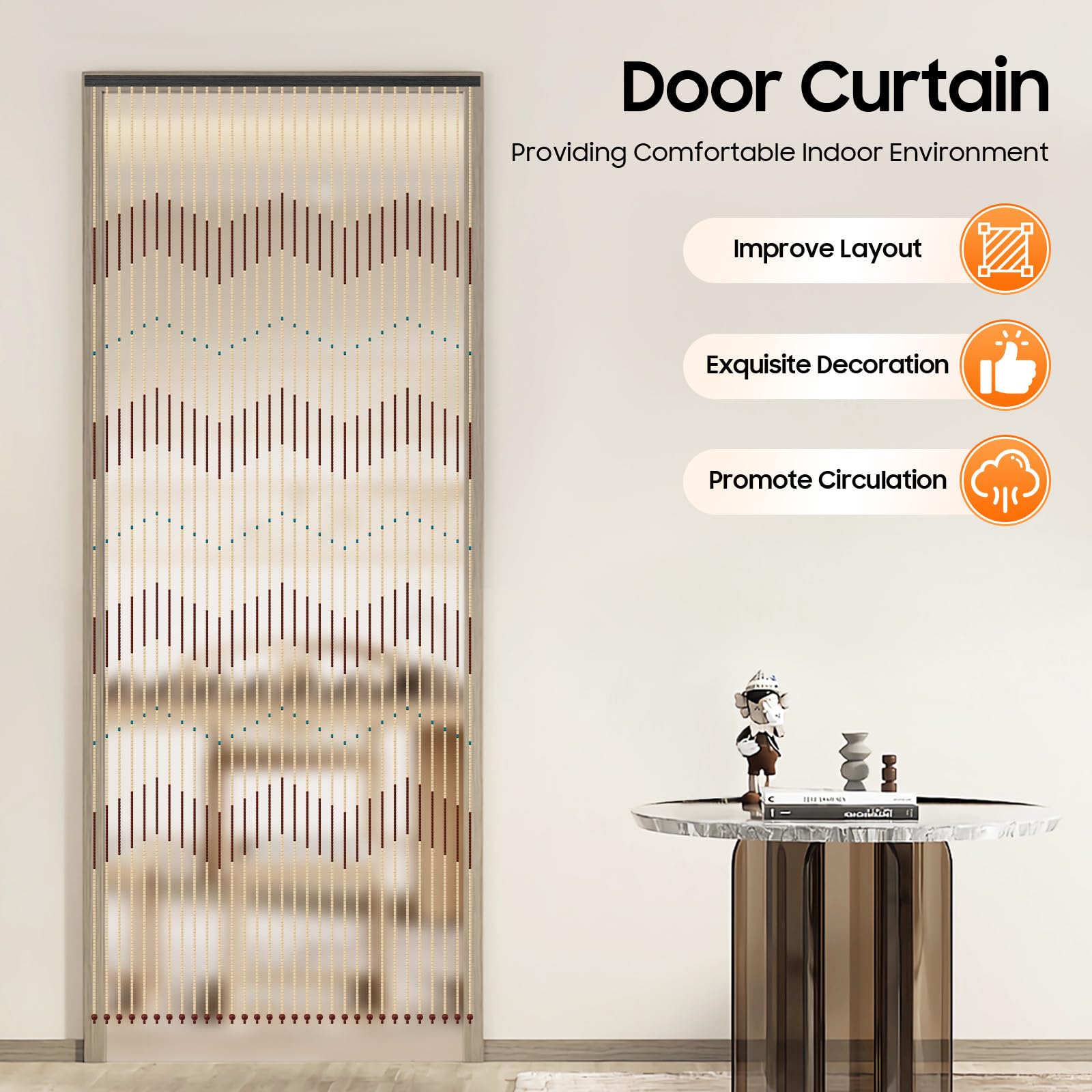 Rideau de porte à perles 90 x 220 cm - Moderne - Avec motif ondulé - Perles en bois - Décoration - En bambou - Pour salon, balcon, patio