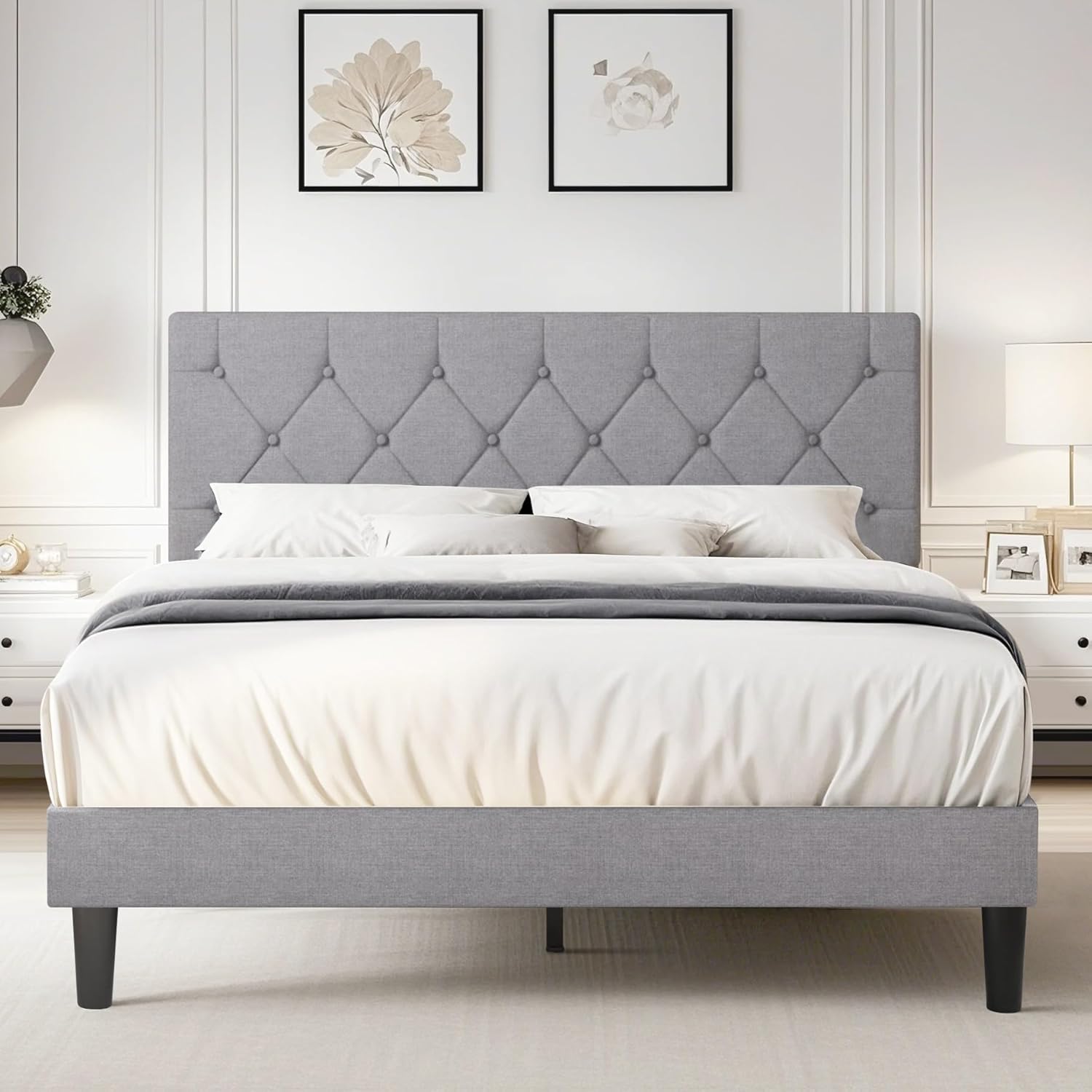 VECELO Queen Size Bed Frame with Button Tufted Headboard, Upholstered Platform Bedframe with Wood Slat Support, No Box Spring Needed, Linen Grey