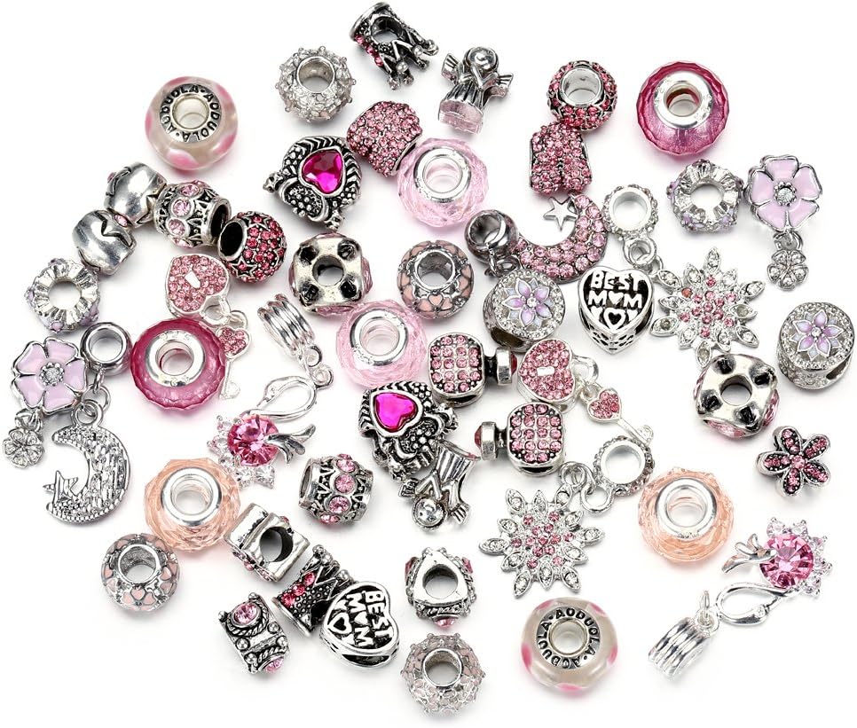 pansona10 Colors Assorted Silver Tone Charms Rhinestones Bead Charms Murano Glass Beads and Spacers Pack of 50 (Pink)