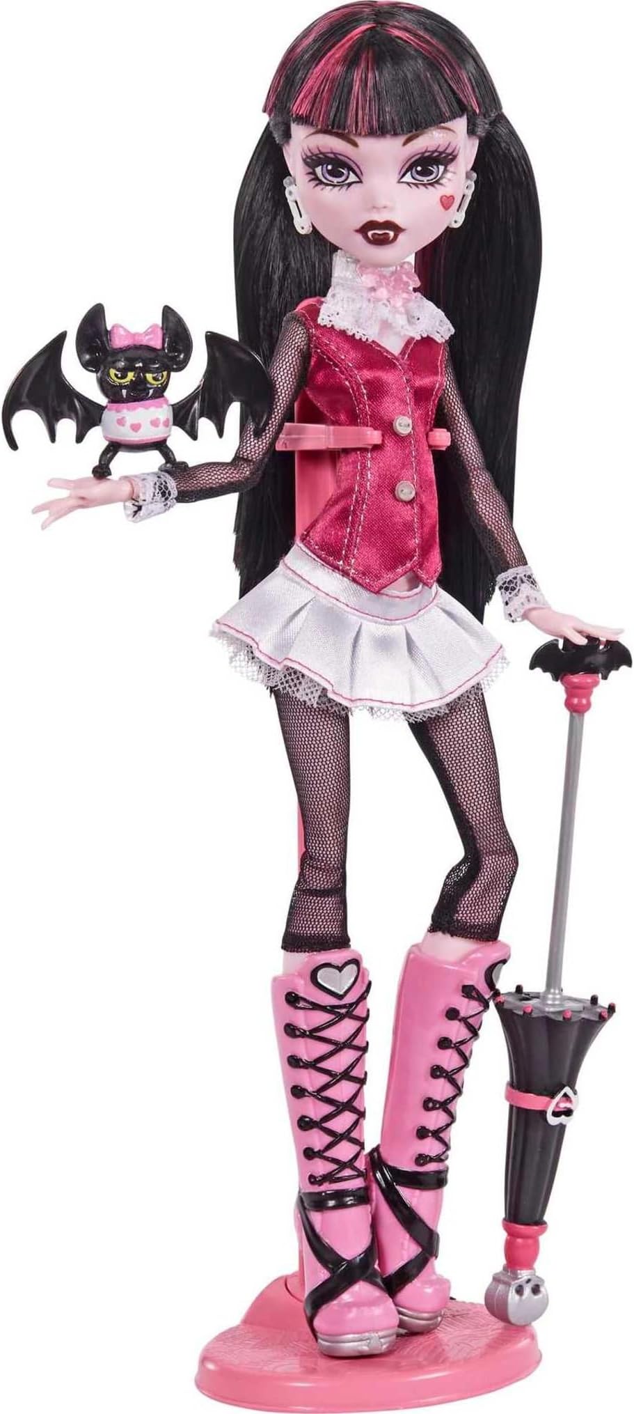 Draculaura Reproduction Doll Wearing Original Fashion & Shoes with Pet, Display Stand & Accessories, 10-5-inch Collectible Toy