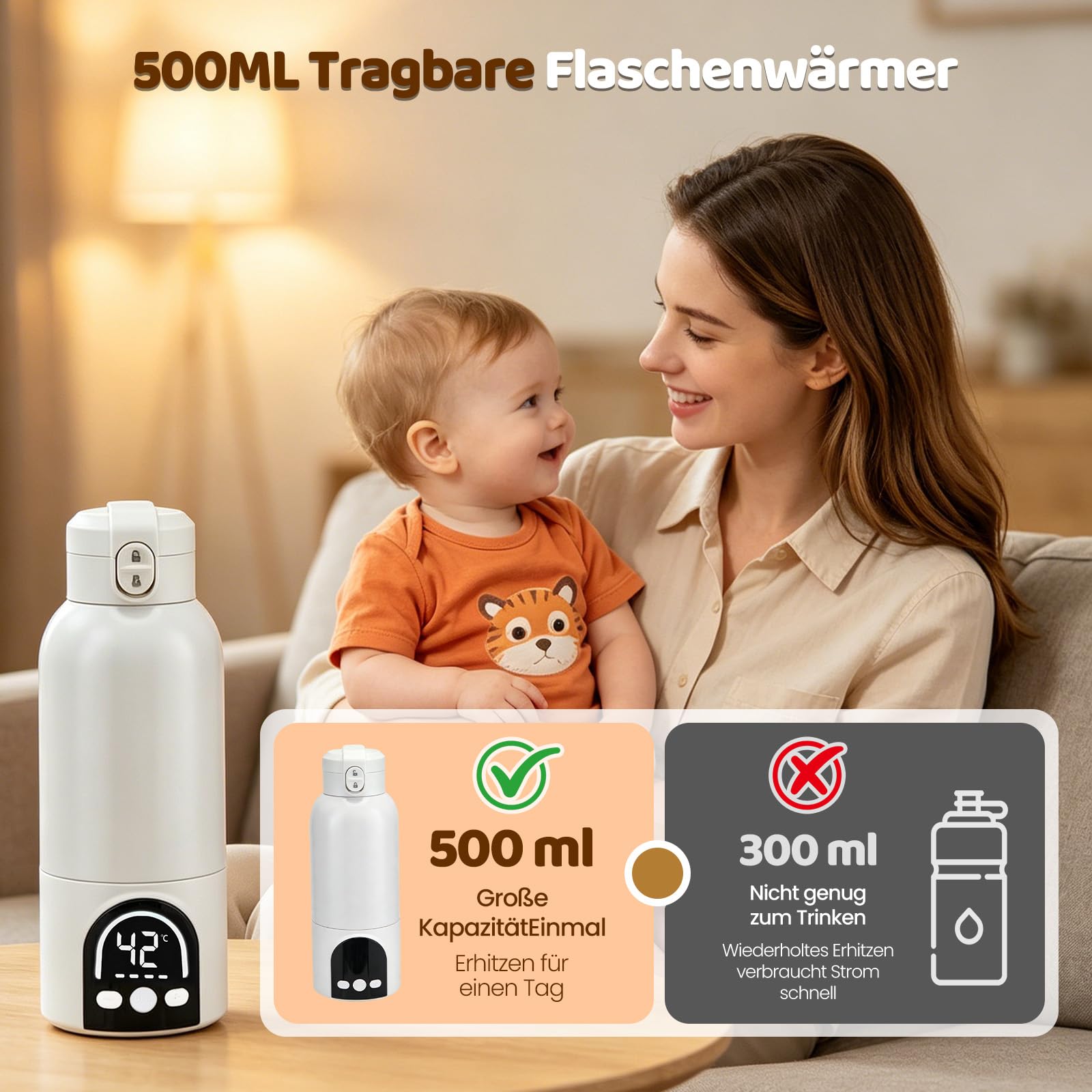 Scalda Biberon Neonato Portatile 500ml, Scaldabiberon Elettrico Portatile 12000mAh con Cavo di Ricarica, Potenza 140W Riscaldamento Rapido in Pochi Minuti, per Viaggi E Allattamento Notturno, Bianco