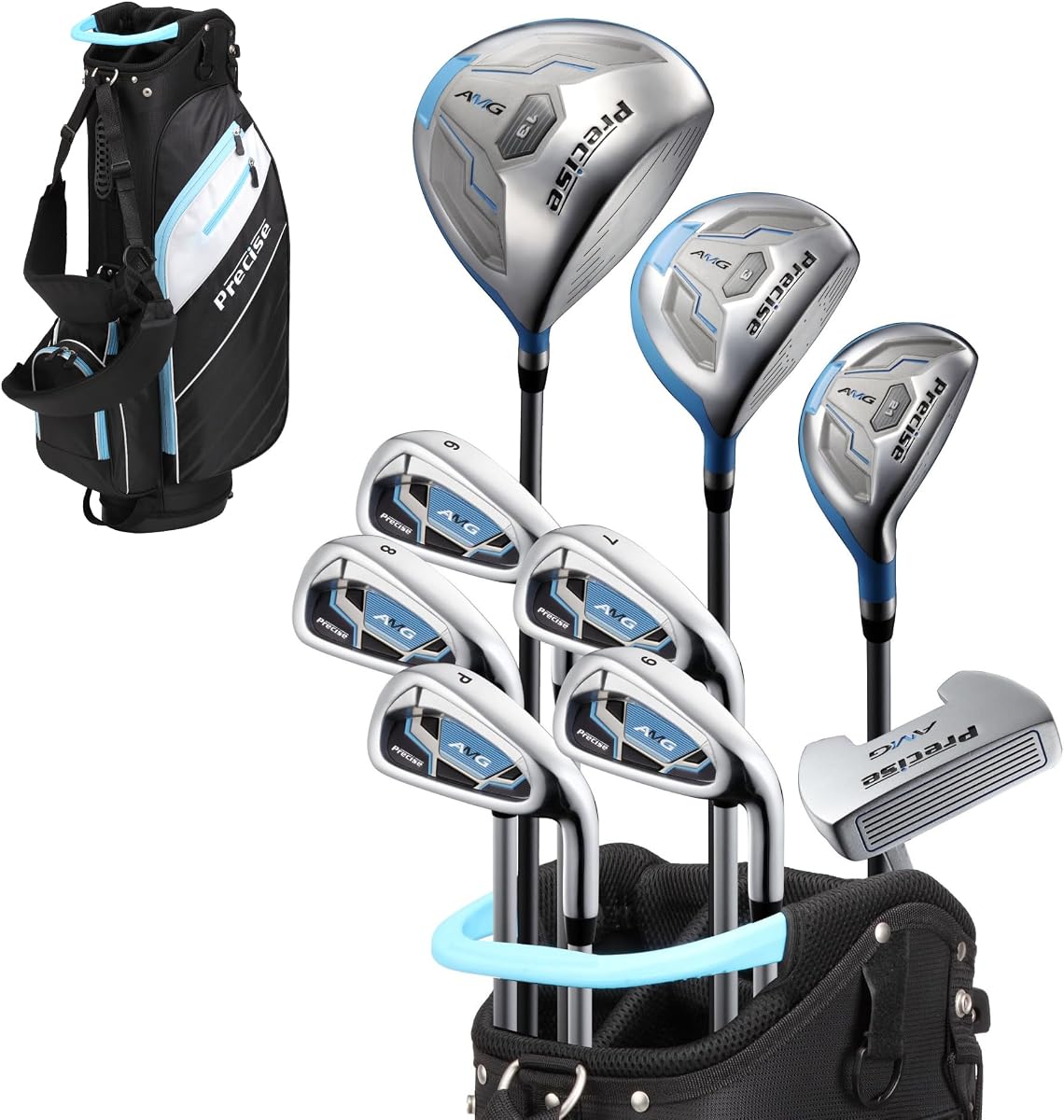 Precise AMG - Women's Complete Golf Club Set | Beginner Friendly, Driver, Fairway & Hybrid, Irons, Putter, Stand Bag, Petite & Regular, Right Hand, 2 Colours