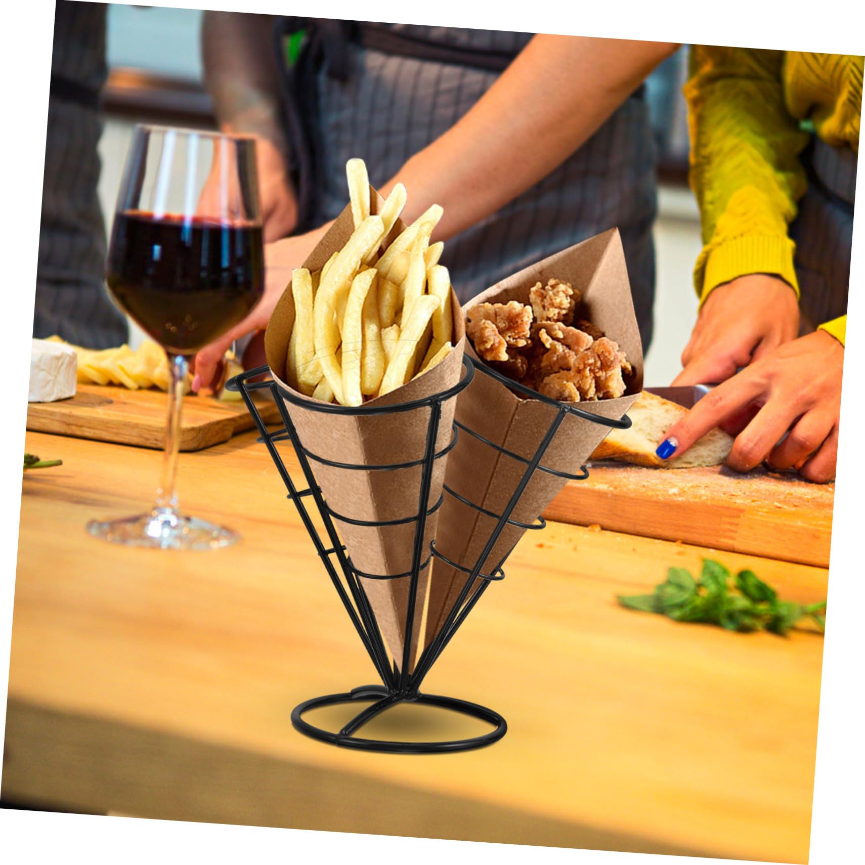 Cestino Porta Patatine Fritte in Acciaio Inossidabile Supporto Snack per Patatine Pollo e Pesce Fritto Espositore Stile Cono Nero Brillante per Feste e Banqueting